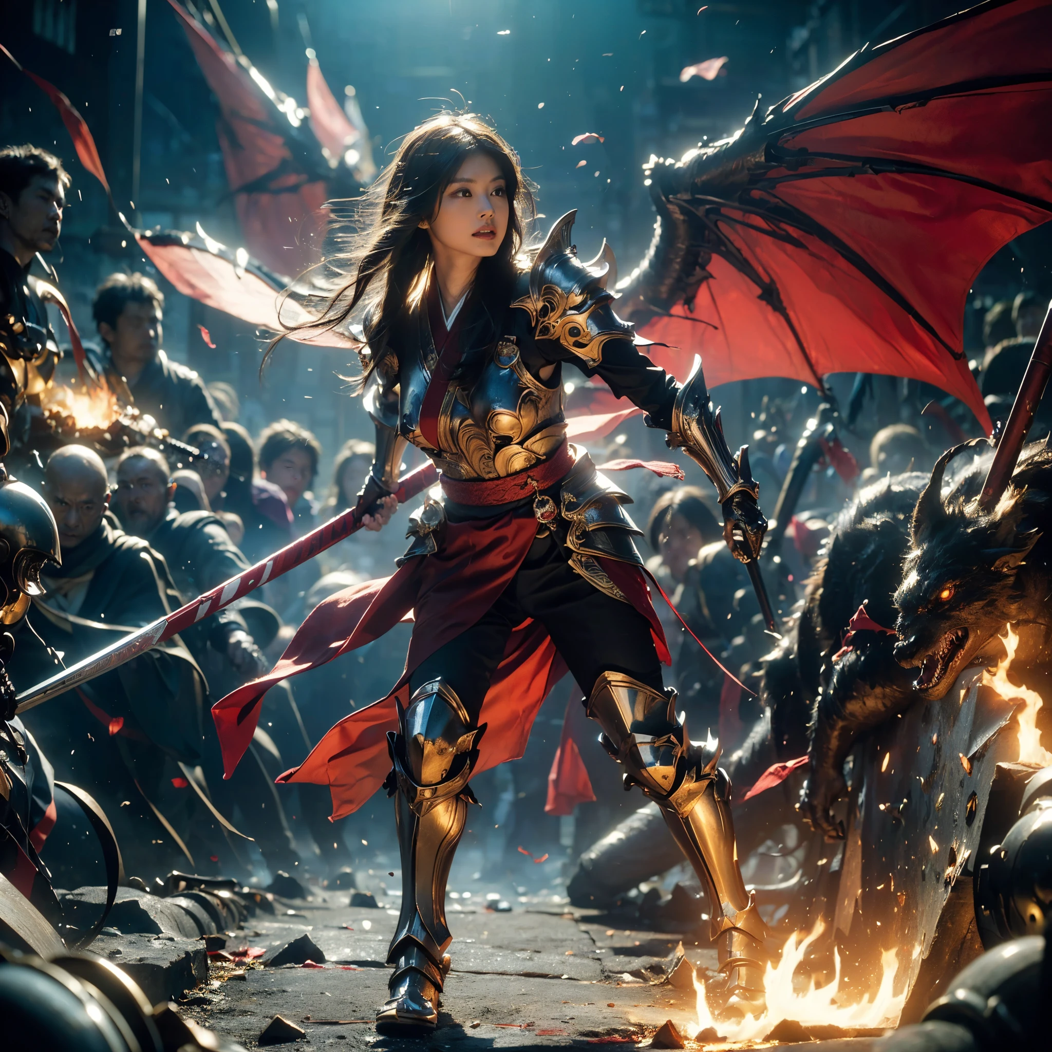 (((Realistic, masterpiece, best quality, crisp detail, high definition, high detail, very rich detail, sharp focus, sharp detail, colorful, perfect studio lightning))), ((20 years old goddess, kasumi arimura, flying, floating)),(((in the middle of war, epic war scene, attack stance))), wearing (((beautiful decorated golden heavy armor, dragon armor, decorated full body armor, fully armored beautiful kimono, wide golden wings))), (flying, swinging katana, blood scattered face, blood tears, blood bath, blood shed), (((fire everywhere, blood everywhere, death everywhere, japan bakumatsu period, dead bodies,carcass,burned japanese castle,hellish,chaos)) traditional village background)