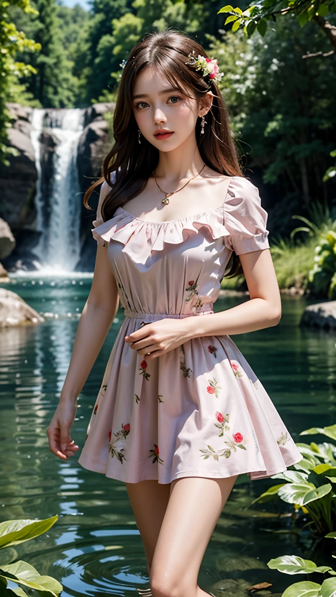 8K, ultra hd, masterpiece, very realistic, 1 girl, good face, very long hair, detailed eyes, detailed lips, super round medium breasts, {(Short Sleeves Sweetheart Ruffles Mini Party Gown)(Homecoming Graduation Evening Dresses)Any random dress for each pose}, ((pink,red,blue,black,green,meroon,purple,yellow, any random colour dress)), ((High resolution Dress Quality)), ((Detailed Dress)), diamonds, jewellery, necklace, earring, lake, landscape, knees in water, Bridge, Forest , standing in lake water, Pine trees , Perfect body figure, Cute and Delicate Knees, soft Thighs, Beautiful Smile, Cinematic photography, Sexy angles, Stylish poses, 4 Different poses, 64k , high resolution picture quality, very clear body figure, Flowers in hand, Flowers on Hair, walking in water, waterfalls, Flower plants, 