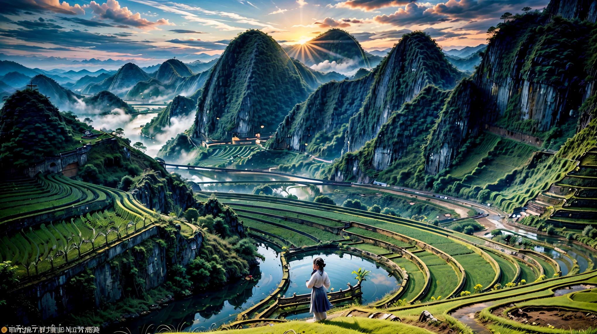 ((A beautiful picture depicting a Vietnamese hometown)), The focus of the scene is on a field with steps leading up to a staircase. In the field, there are Vietnamese farmers working diligently. The atmosphere is filled with the warm glow of beautiful sunshine, creating a cinematic lighting effect. The image is captured using a Sony FE GM lens, which ensures high-quality visuals. The composition of the image is a wide shot, showcasing the vastness and beauty of the landscape. capturing the essence of everyday life. The level of detail in this artwork is exceptionally high, allowing for a realistic and immersive experience. The color palette is vibrant and vivid, enhancing the visual impact. (Asia), ((Vietnam)), ((Vietnam's traditional Ao Dai)), (beautiful Vietnamese women), water buffaloes, ((rice farm)), great mountains
