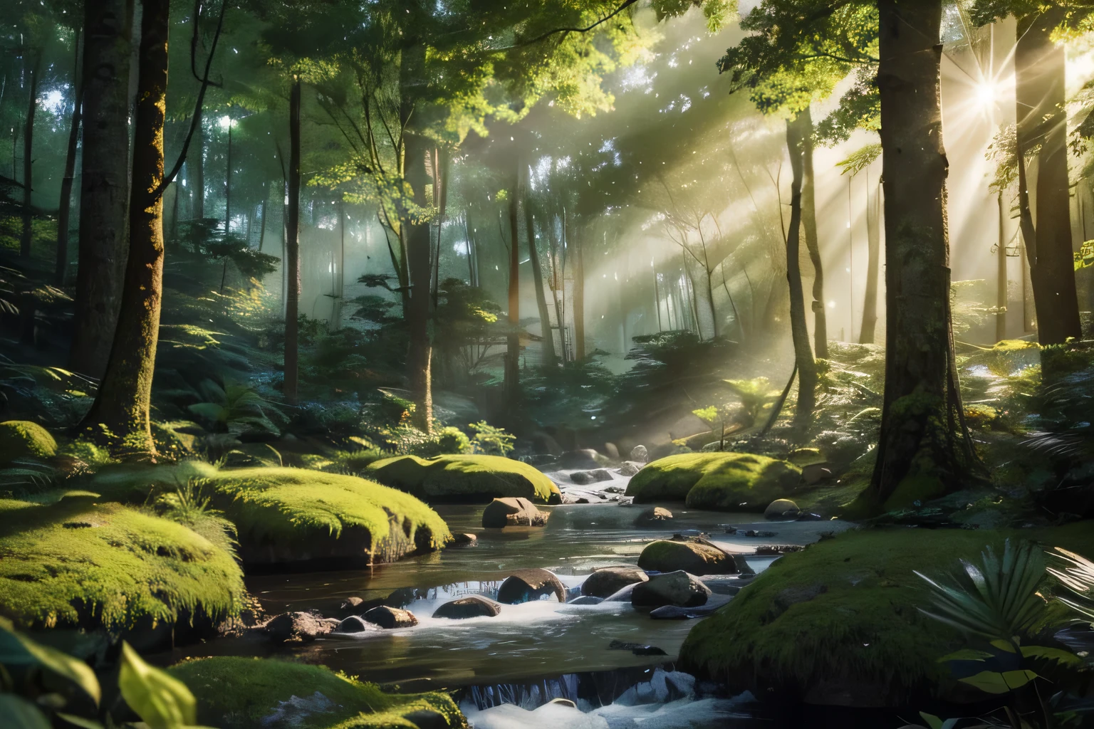 Create an image of a vast and lush forest called Silvandor Forest. This forest is located in the eastern region of Eldoria City on the continent of Aestoria. In this forest, tall and dense trees, flowing rivers, and sunlight filtering through the canopy create a beautiful and enchanting landscape. Additionally, add some typical forest elements such as grass, bushes, and rocks. Provide a tranquil and natural atmosphere with dominant green and brown colors."