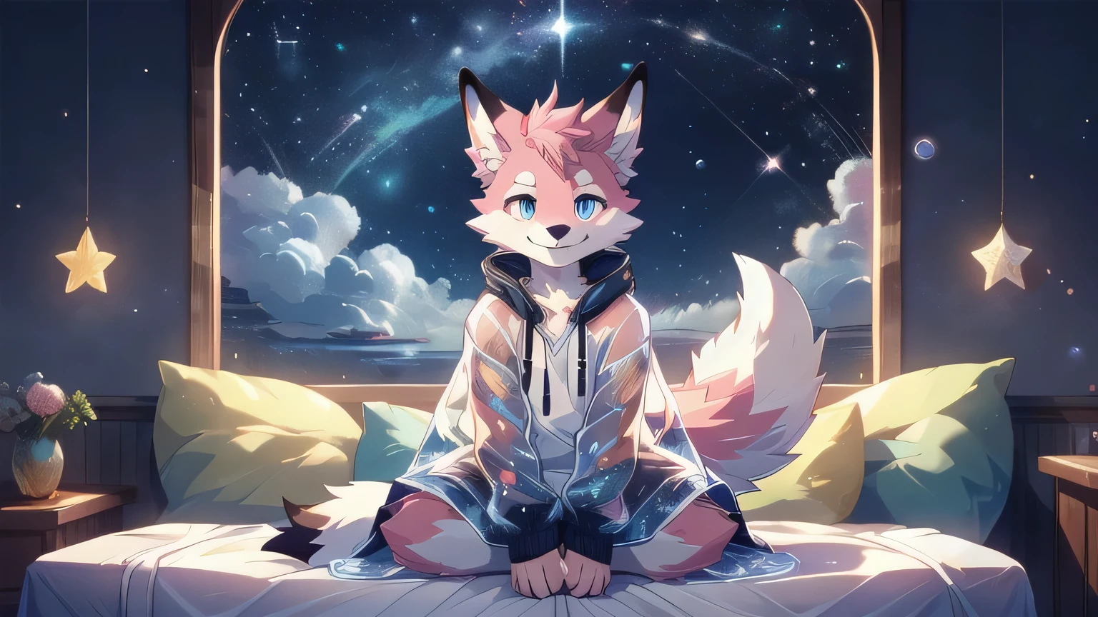 Anthropomorphic fox, In good condition, Pink fur, alone, (Exquisite details), white, Smile, Handsome, OK, transparent raincoat, white underwear, Night time, sit on the edge of the bed, Candy clouds, Star decoration, canine, male, giggle, (Slim, exquisite eyes), full-body shot