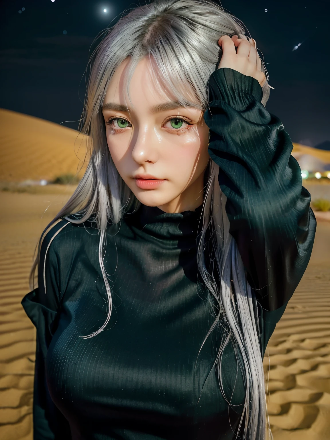 (4k), (highest quality), (best details)(surrealistic)people々corpse of、silver hair、green eyes、black clothes、毒キノコをpeople々Give、フランスpeopleの美しい死神女、An oasis in the Namib desert、night