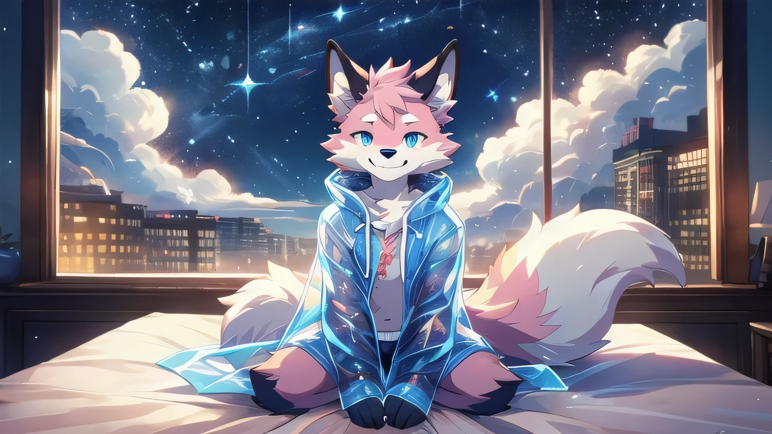 Anthropomorphic fox, In good condition, Pink fur, alone, (Exquisite details), white, Smile, Handsome, OK, transparent raincoat, white underwear, Night time, sit on the edge of the bed, Candy clouds, Star decoration, canine, male, giggle, (Slim, exquisite eyes), full-body shot