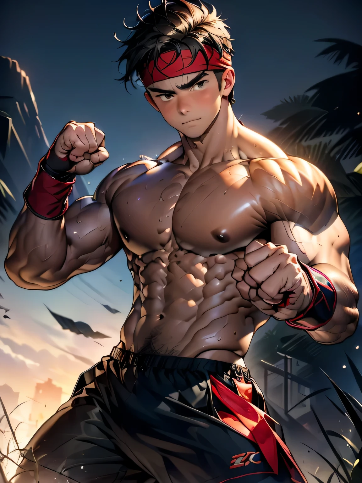 (Masterpiece, Best quality 19 year old boy, simple background, cowboy shot), solo, Young, boy, full bodyesbian, Shirtless, topless, (Dark Short straight hair, under cut, brown eyes), (red headband, ((black wristband))), Vivid colors, (hot Abs, big abs, big breast, upper arms), (topless male), closed mouth, serious, tight muscler body, Man with martial arts stance, (((epic fighting pose, punching pose)))