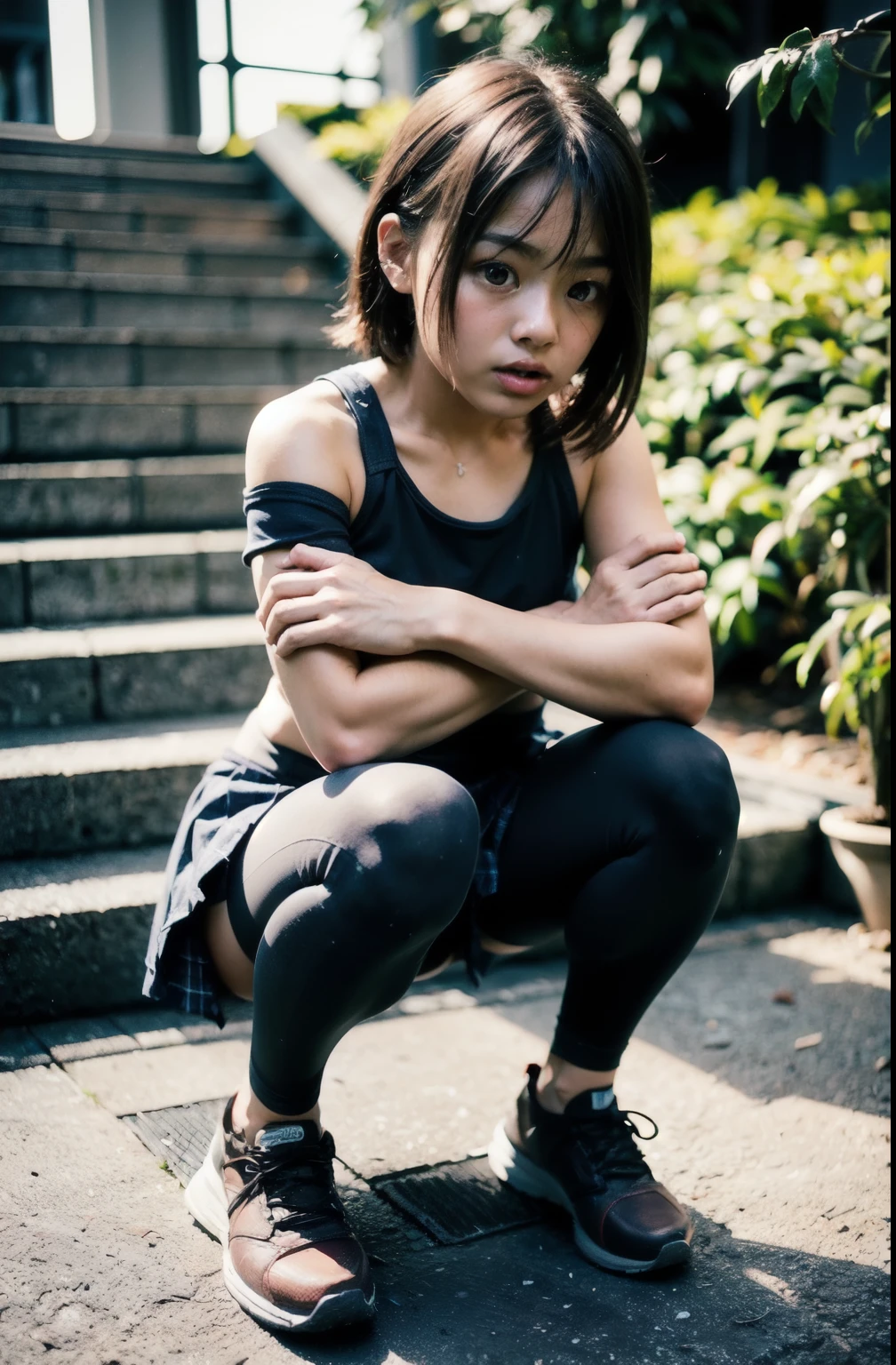 (Photographed with Canon EOS R5,Canon EF 24-70mm f/2.8L II,LED panel) , realistic, BREAK,
solo focus, (full body shot:1.4), BREAK,
(1girl, flat chest :1.4), (high resolution detail of human skin texture : 1.5), (eyes are red and swollen),
(1 Japanese girl ), brown eyes, nipples, hetero, parted lips,
spread legs, flat chest, lips,(li:1.5),
perfectly proportions, breasts, looking at viewer, brown short hair, skinny body,
BREAK,
(wearing sports bra, wearing short spats pants under skirt :1.4), (Bare legs:1.4), (black short spats pants:1.4),(plaid skirt:1.4),
(Do not expose upper body, Do not take off skirt:1.4),
BREAK,
(squatting on stairs:1.5),
(crossed arms :1.4),
outdoors,
BREAK,