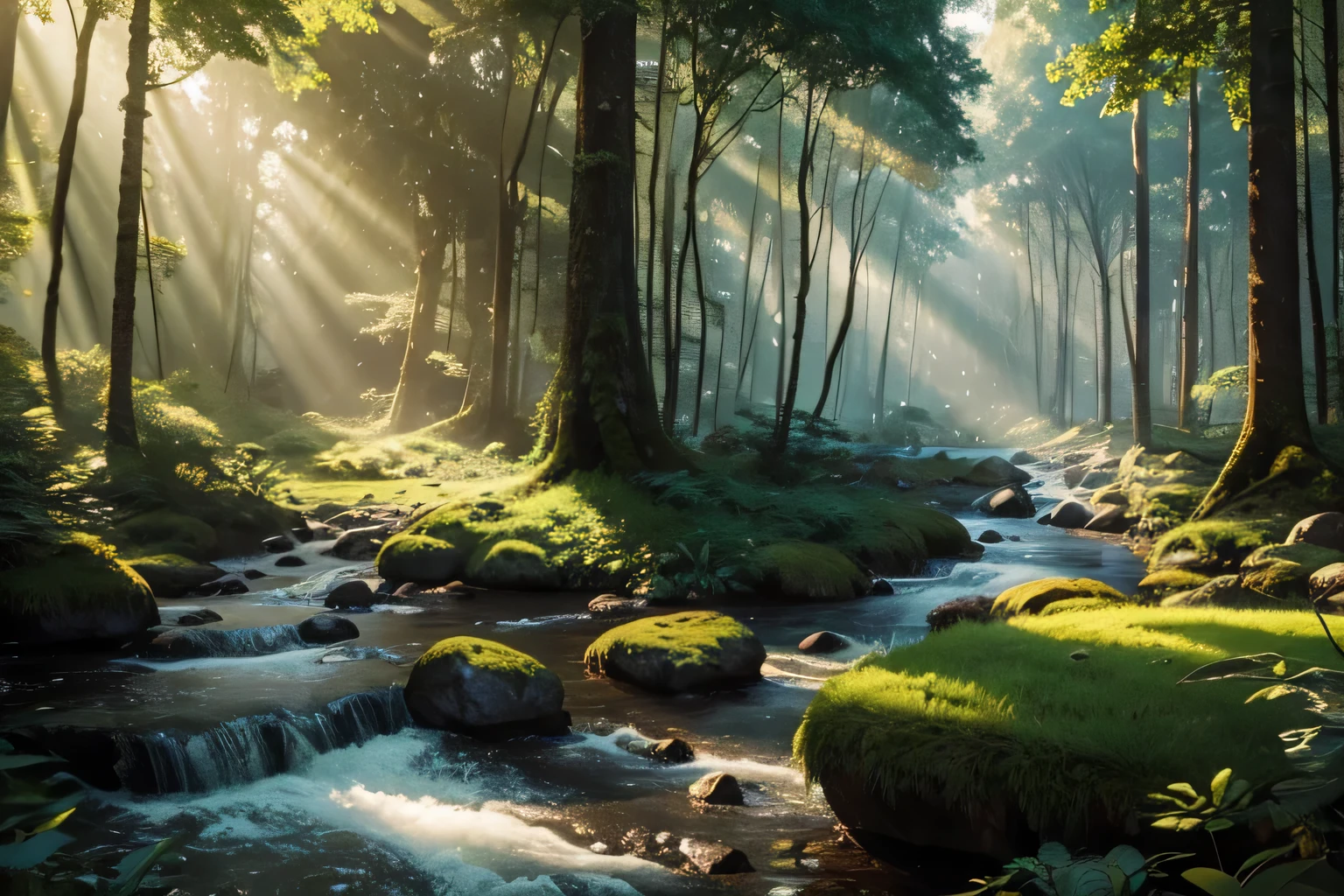 Create an image of a vast and lush forest called Silvandor Forest. This forest is located in the eastern region of Eldoria City on the continent of Aestoria. In this forest, tall and dense trees, flowing rivers, and sunlight filtering through the canopy create a beautiful and enchanting landscape. Additionally, add some typical forest elements such as grass, bushes, and rocks. Provide a tranquil and natural atmosphere with dominant green and brown colors."