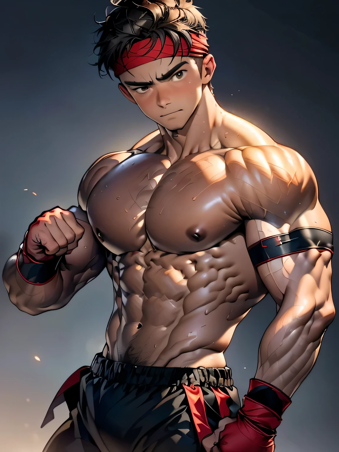 (Masterpiece, Best quality 19 year old boy, simple background, cowboy shot), solo, Young, boy, full bodyesbian, muscler, Shirtless, topless, (Dark Short straight hair, under cut, brown eyes), (red headband, ((black wristband))), Vivid colors, (hot Abs, big abs, big breast, upper arms), (topless male), closed mouth, serious, muscler body, Man with martial arts stance, (((epic fighting pose, punching pose)))
