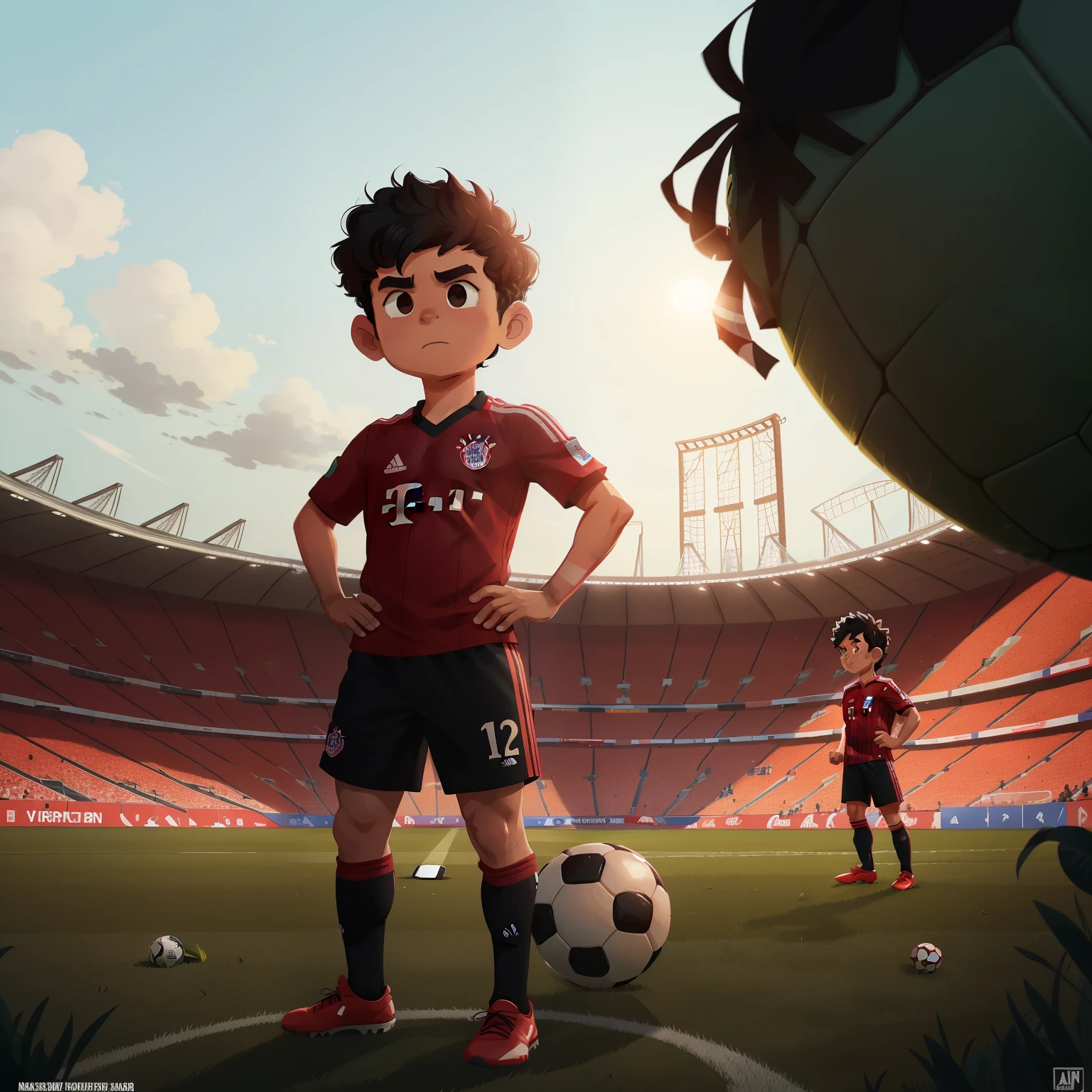 3 meninos de 11 anos, valentoes do bairrou, lado a lado, com uniformes de futebol, desafiando com olhar intimidador, no fim da tarde, cartoon, pixar, disney, 8k, uhd , fundo desfocado.