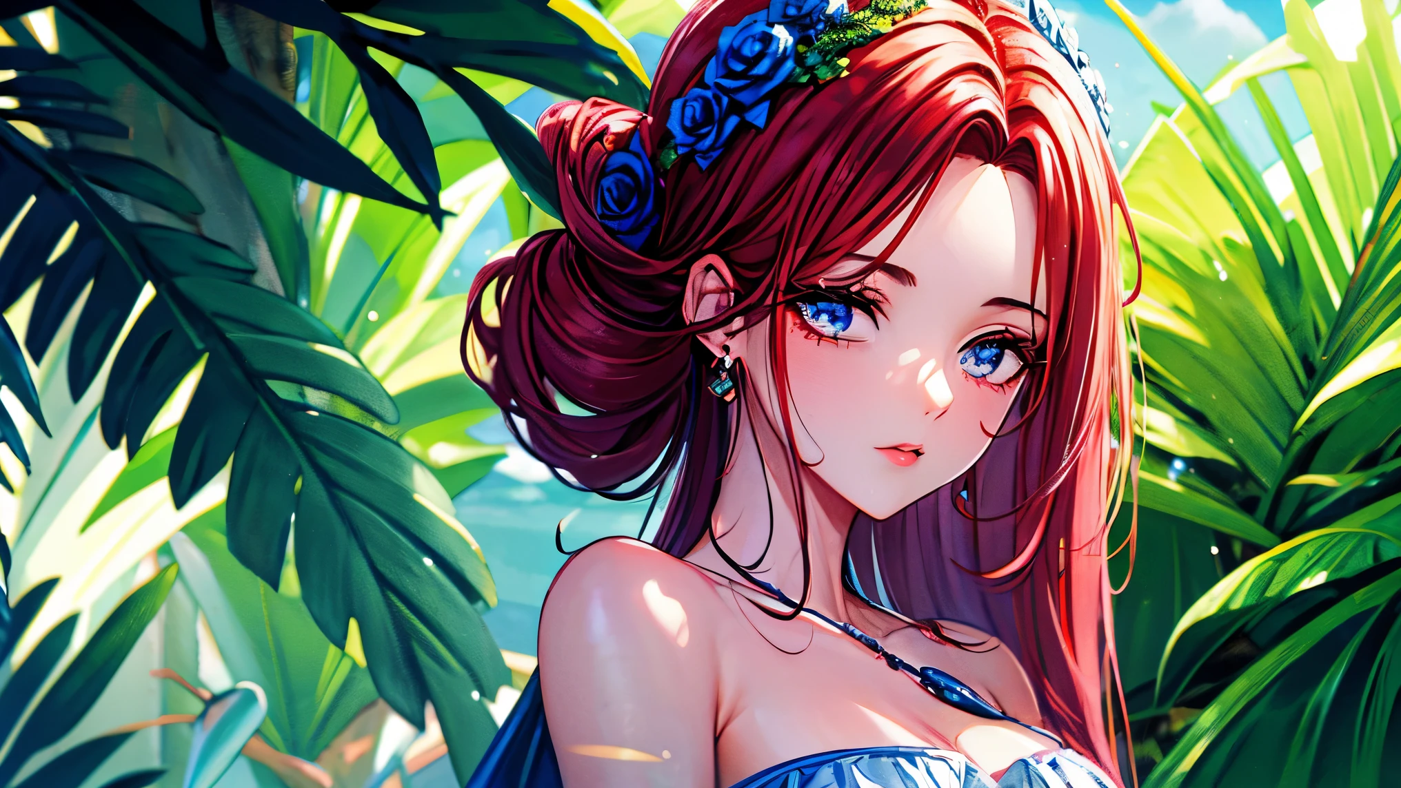 Fada de cabelo vermelho olhos azul usando brinco vestido verde com estampas de rosa rosa de borboleta em um jardim