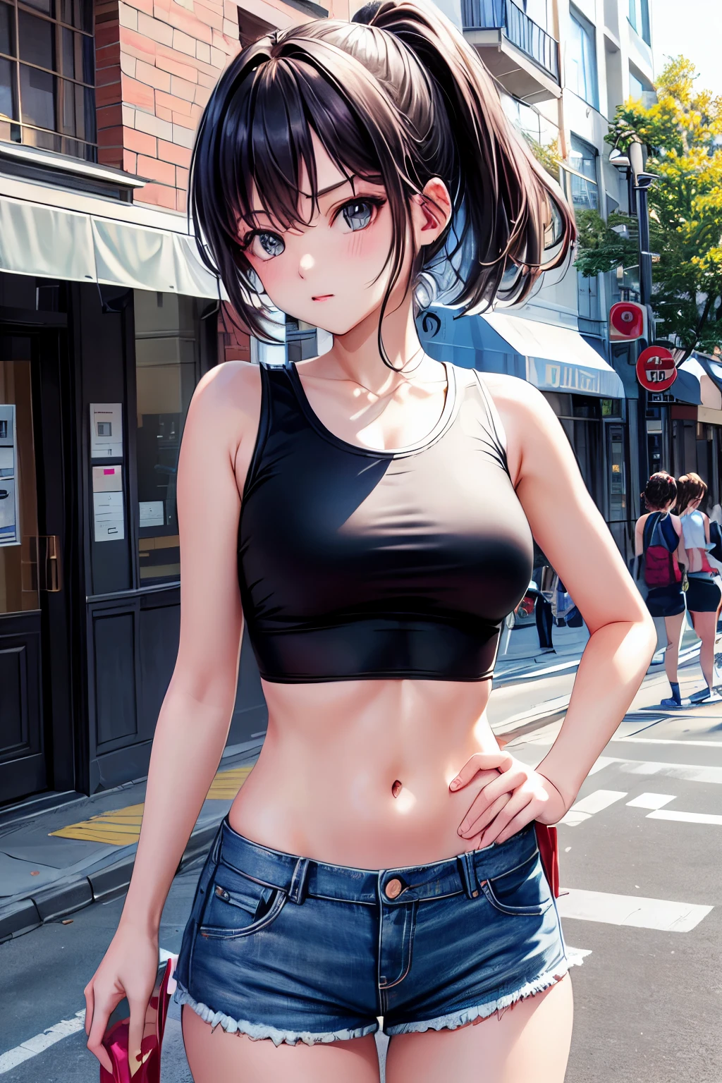 hight resolution, top-quality, ultra-quality, The ultra-detailliert, lighting like a movie、Woman in short shorts、In the street、Short tank top、Cool pose、