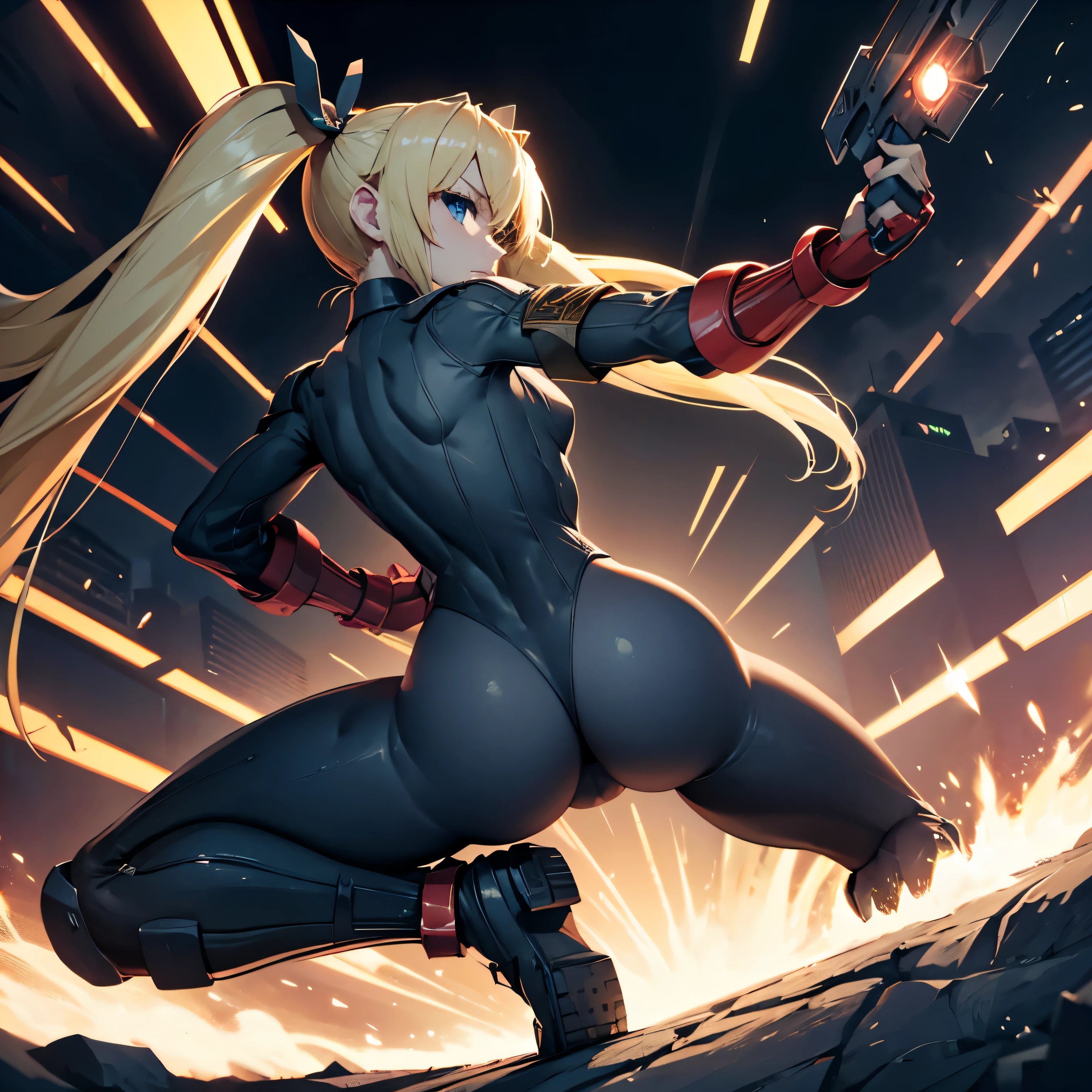 hat, necktie, gloves, ribbed bodysuit, expressionless, blank eyes, looking at viewer, corruption, mind control, female combatant, full body, hypnotized, unhappy trance, full body, obey, perfect female body, hypnosis, hypnoLora, empty eyes, Mind control device, poses, submissive_pose, Slave, (((Crouching))), Fighting Stance, extending the right arm from the shoulder into the air with a straightened hand, (((pixel-perfect, detail-perfect))), solo, 1girl, hair ornaments, LAPLACE, hair ribbon, long hair, small breast, blue eyes, blonde hair, twintails, holding gun, gun, holding weapon, from back, from behind, looking from back, view from back, ass