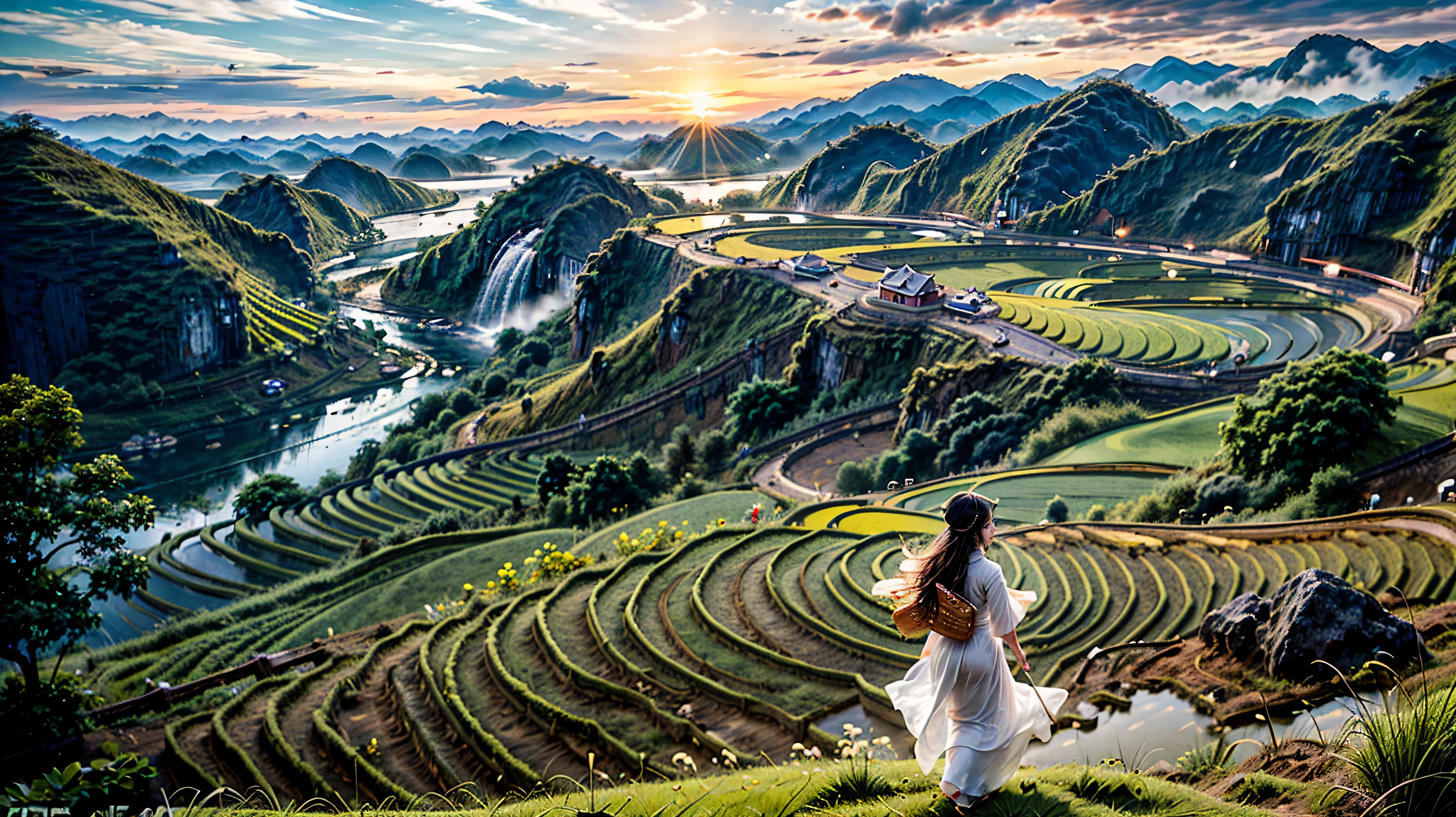 ((A beautiful picture depicting a Vietnamese hometown)), The focus of the scene is on a field with steps leading up to a staircase. In the field, there are Vietnamese farmers working diligently. The atmosphere is filled with the warm glow of beautiful sunshine, creating a cinematic lighting effect. The image is captured using a Sony FE GM lens, which ensures high-quality visuals. The composition of the image is a wide shot, showcasing the vastness and beauty of the landscape. capturing the essence of everyday life. The level of detail in this artwork is exceptionally high, allowing for a realistic and immersive experience. The color palette is vibrant and vivid, enhancing the visual impact. (Asia), ((Vietnam)), ((Vietnam's traditional Ao Dai)), (beautiful Vietnamese women), water buffaloes, ((rice farm)), great mountains
