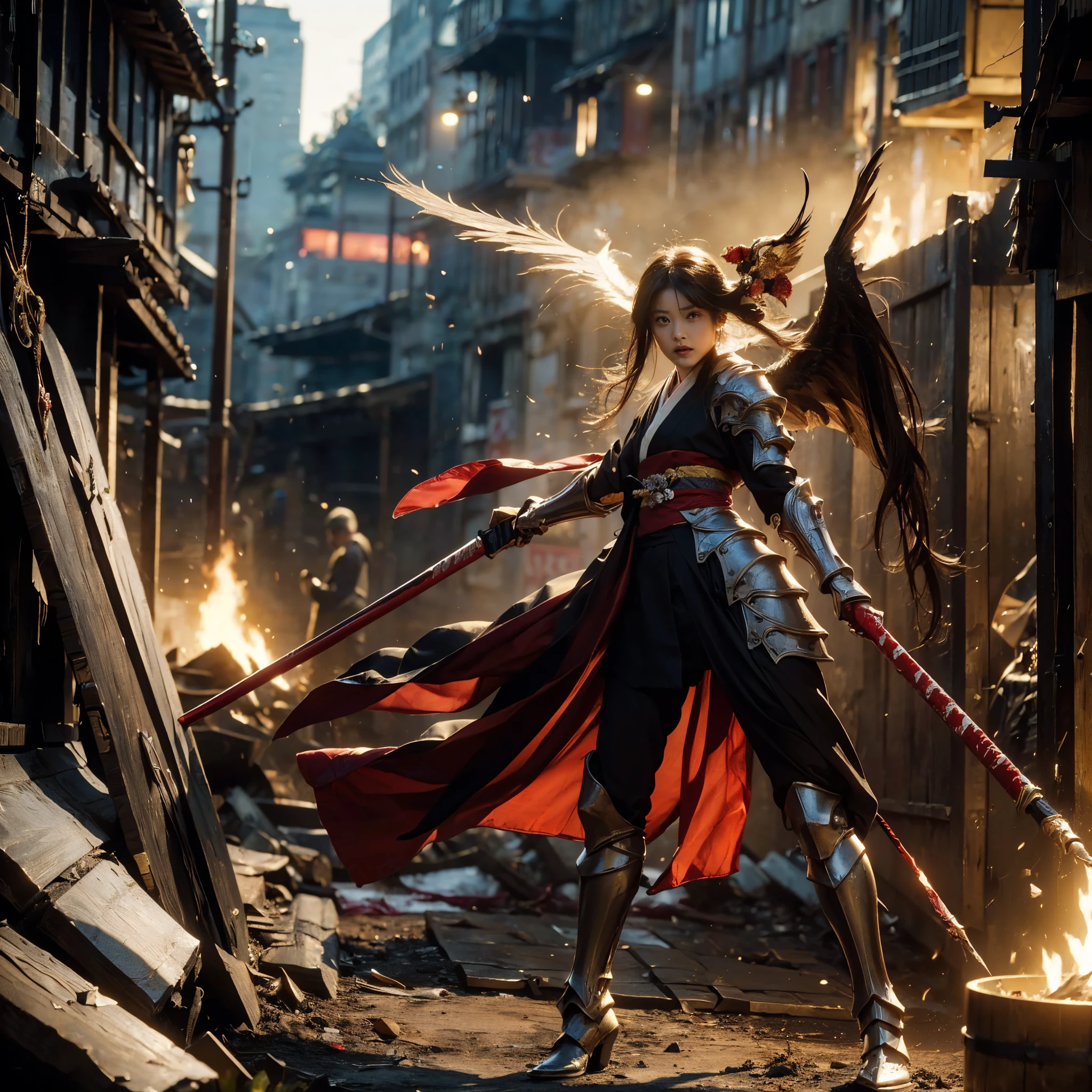 (((Realistic, masterpiece, best quality, crisp detail, high definition, high detail, very rich detail, sharp focus, sharp detail, colorful, perfect studio lightning))), ((20 years old goddess, kasumi arimura, flying, floating)),(((in the middle of war, epic war scene, attack stance))), wearing (((beautiful decorated golden heavy armor, dragon armor, decorated full body armor, fully armored beautiful kimono, wide fire wings))), (flying, swinging katana, blood scattered face, blood tears, blood bath, blood shed), (((fire everywhere, blood everywhere, death everywhere, japan bakumatsu period, dead bodies,carcass,burned japanese castle,hellish,chaos)) traditional village background)