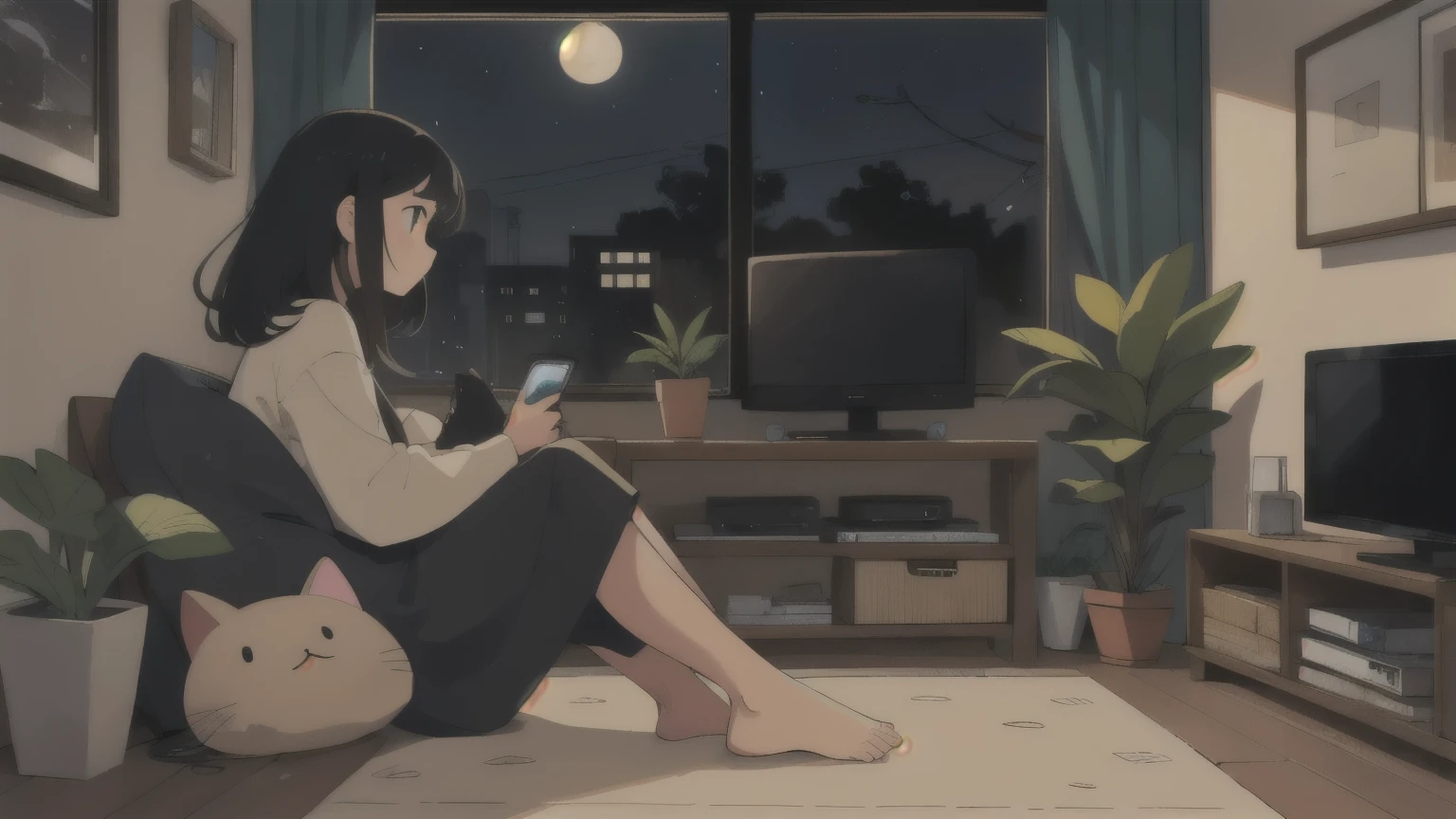 listen to jazz,A girl working with coffee in hand,The night sky is in the background,plant, black hair, indoors, holding, long sleeve, long hair, stuffed toy, potted plant, Book, food, window, Telephone, loaded interior, tv set, short hair, behind, 動物のstuffed toy, with cat, slipper, barefoot, sitting, Bookshelf, shelf, cable, computer