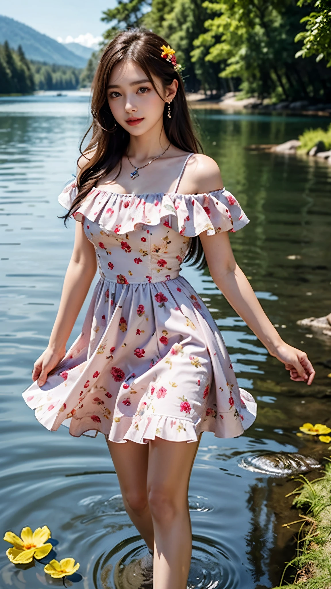 8K, ultra hd, masterpiece, very realistic, 1 girl, good face, very long hair, detailed eyes, detailed lips, super round medium breasts, {(Pink Floral Cocktail Dress)(Short Sleeves Sweetheart Ruffles Mini Party Gown)(Homecoming Graduation Evening Dresses)Any random dress for each pose}, ((pink,red,blue,black,green,meroon,purple,yellow, any random colour dress)), ((High resolution Dress Quality)), diamonds, jewellery, necklace, earring, lake, landscape, knees in water, Bridge, Forest , standing in lake water, Pine trees , Perfect body figure, Beautiful Smile, Cinematic photography, Sexy angles, Stylish poses, 4 Different poses, 64k , high resolution picture quality, very clear body figure, Flowers in hand, Flowers on Hair, walking in water, waterfalls