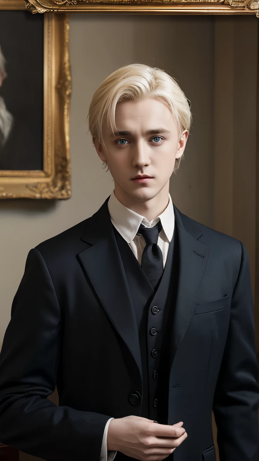 Draco Malfoy played by Tom Felton,Handsome，young，Beautiful vintage picture frame，oil painting style，Impression School，meticulous portrait