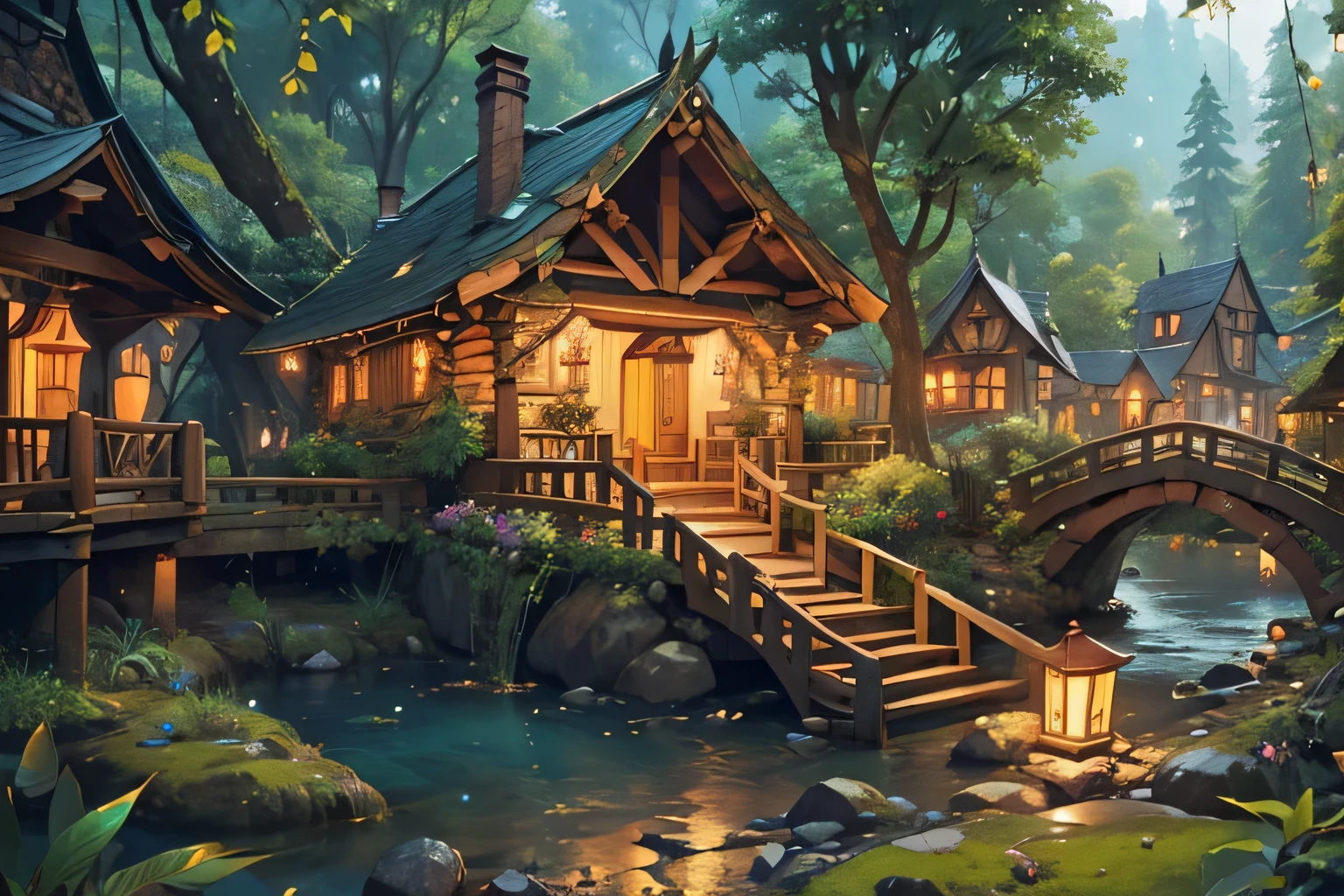 Create an image of an Elven village nestled deep within the heart of a dense forest. The village is called Evergreen Haven and is located within Silvandor Forest, known for its towering trees and lush foliage. The village consists of elegant, tree-house-like dwellings intertwined with the branches of the ancient trees. A network of wooden bridges and pathways connects the homes, while soft glowing lanterns illuminate the village during the evening hours. Surrounding the village, vibrant flora and fauna flourish, adding to the mystical and enchanting atmosphere of the Elven realm.