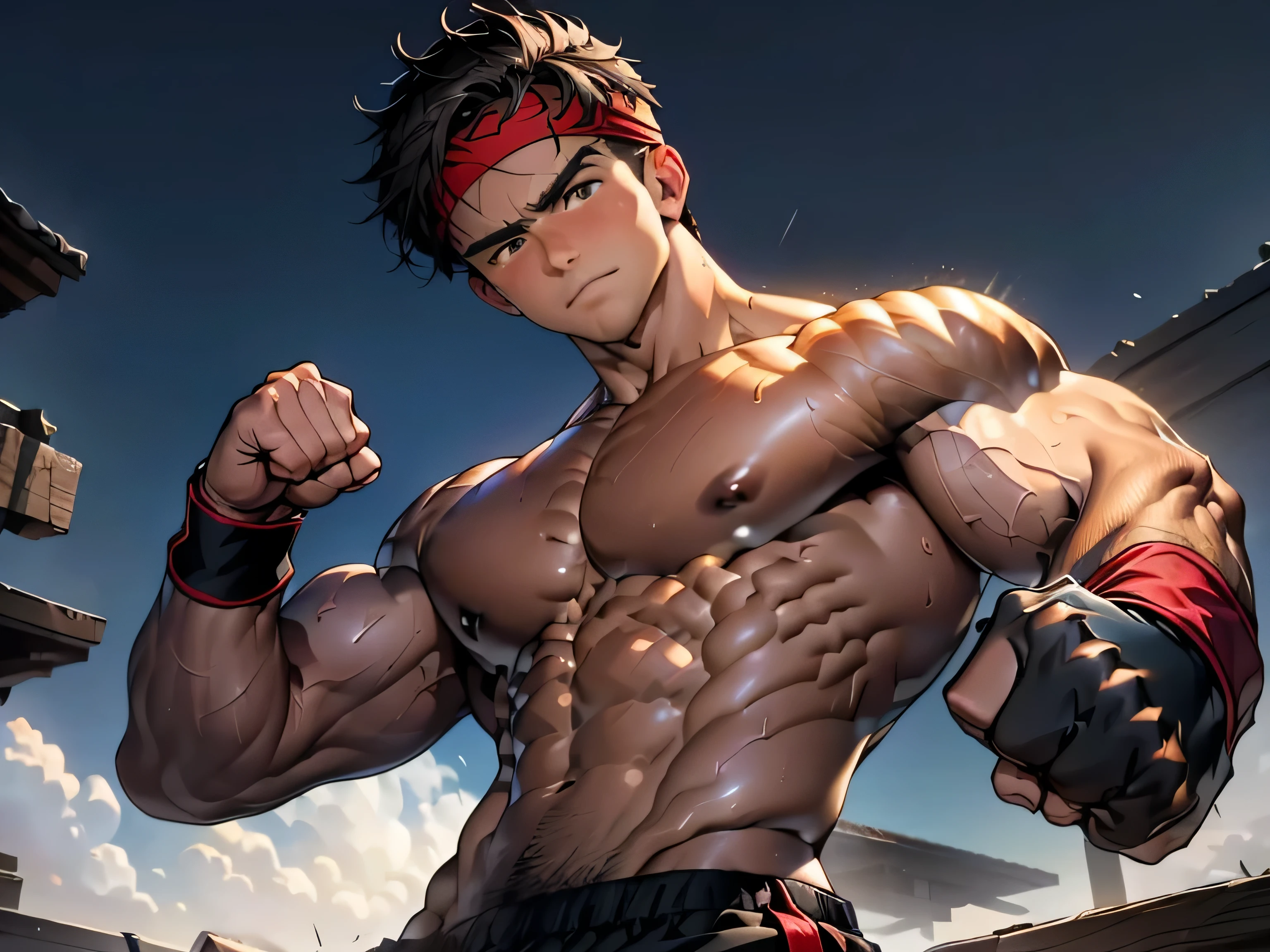 (Masterpiece, Best quality 19 year old boy, simple background, cowboy shot), solo, Young, boy, full bodyesbian, muscler, Shirtless, topless, (Dark Short straight hair, under cut, brown eyes), (red headband, ((black wristband))), Vivid colors, (hot Abs, big abs, big breast, upper arms), (topless male), closed mouth, serious, muscler body, Man with martial arts stance, (((epic fighting pose, punching pose)))