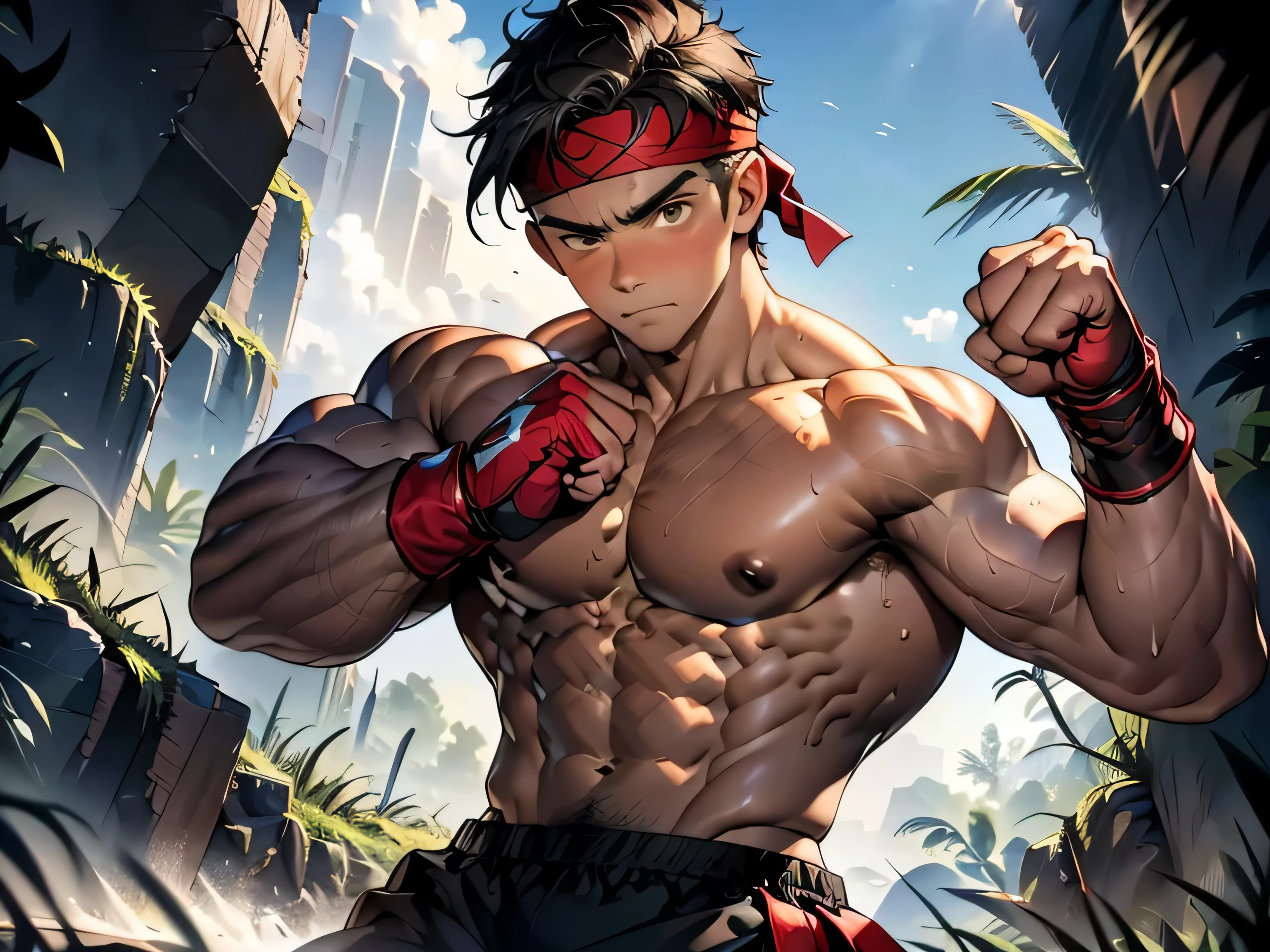 (Masterpiece, Best quality 19 year old boy, simple background, cowboy shot), solo, Young, boy, full bodyesbian, muscler, Shirtless, topless, (Dark Short straight hair, under cut, brown eyes), (red headband, ((black wristband))), Vivid colors, (hot Abs, big abs, big breast, upper arms), (topless male), closed mouth, serious, muscler body, Man with martial arts stance, (((epic fighting pose, punching pose)))