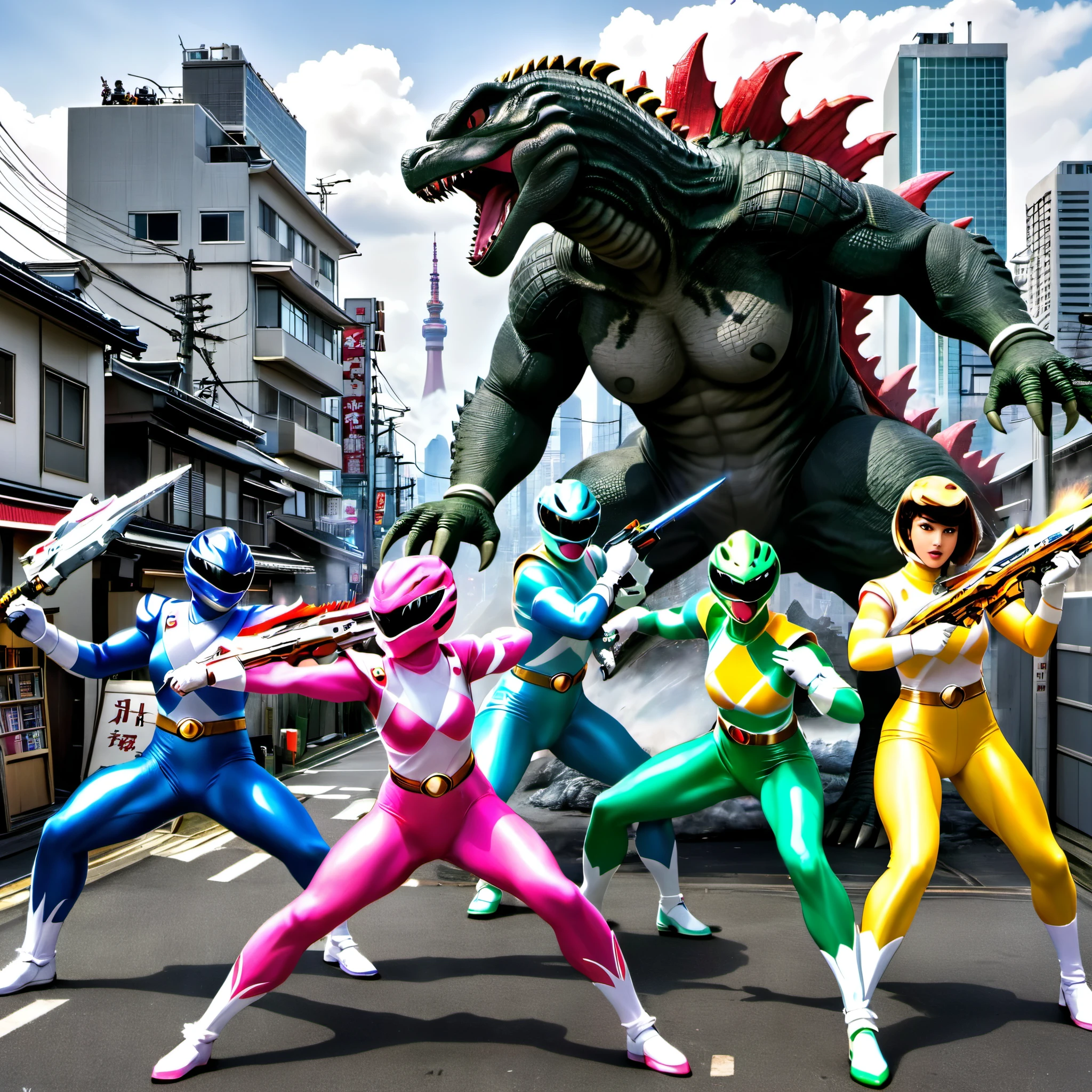 The mighty Morphing Power Rangers take up fighting stances with weapons drawn, warning Godzilla to stay out of the city, on the outskirts of Tokyo (make sure to show Godzilla)