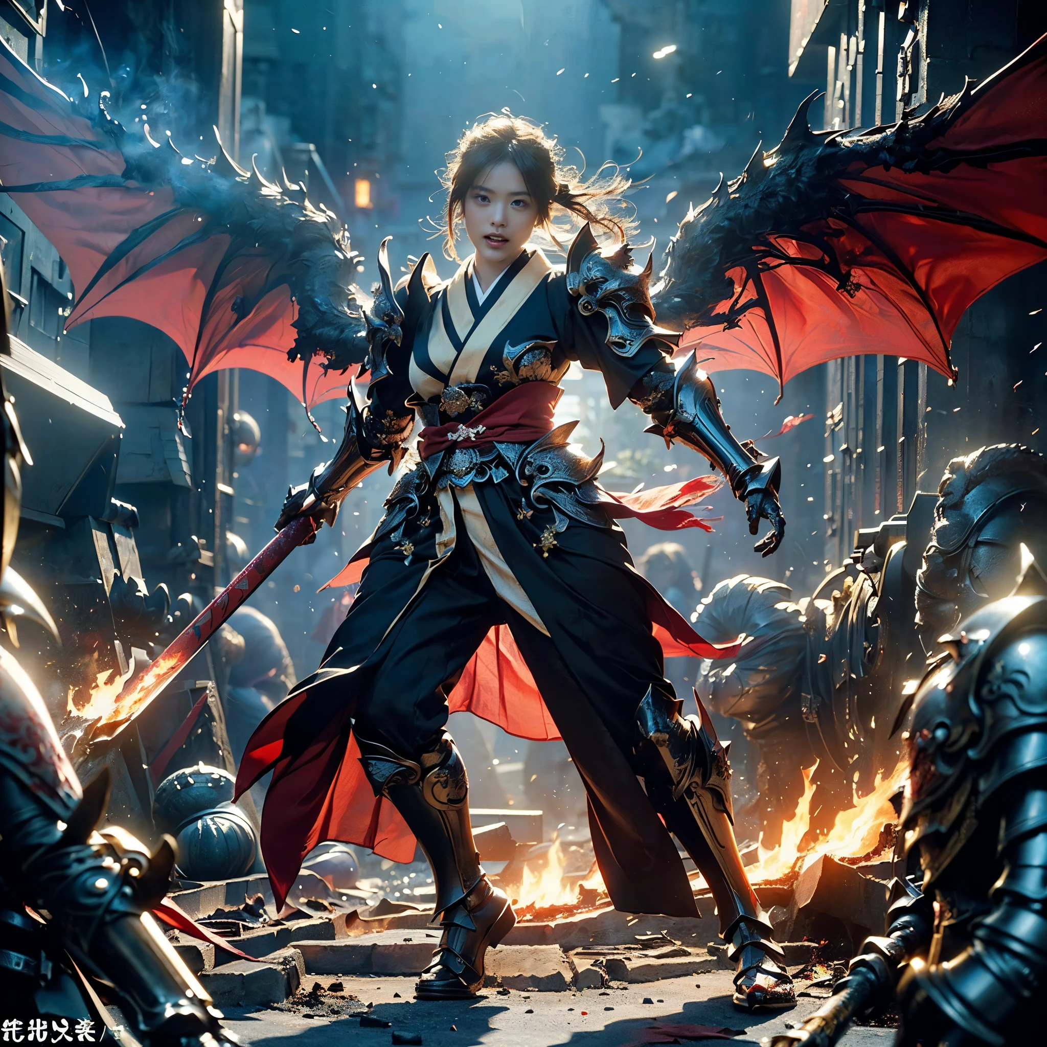 (((Realistic, masterpiece, best quality, crisp detail, high definition, high detail, very rich detail, sharp focus, sharp detail, colorful, perfect studio lightning))), ((20 years old goddess, kasumi arimura, flying, floating)),(((in the middle of war, epic war scene, attack stance))), wearing (((beautiful decorated golden heavy armor, dragon armor, decorated full body armor, fully armored beautiful kimono, wide blue fire wings))), (flying, swinging katana, blood scattered face, blood tears, blood bath, blood shed), (((fire everywhere, blood everywhere, death everywhere, japan bakumatsu period, dead bodies,carcass,burned japanese castle,hellish,chaos, inferno)) traditional village background)