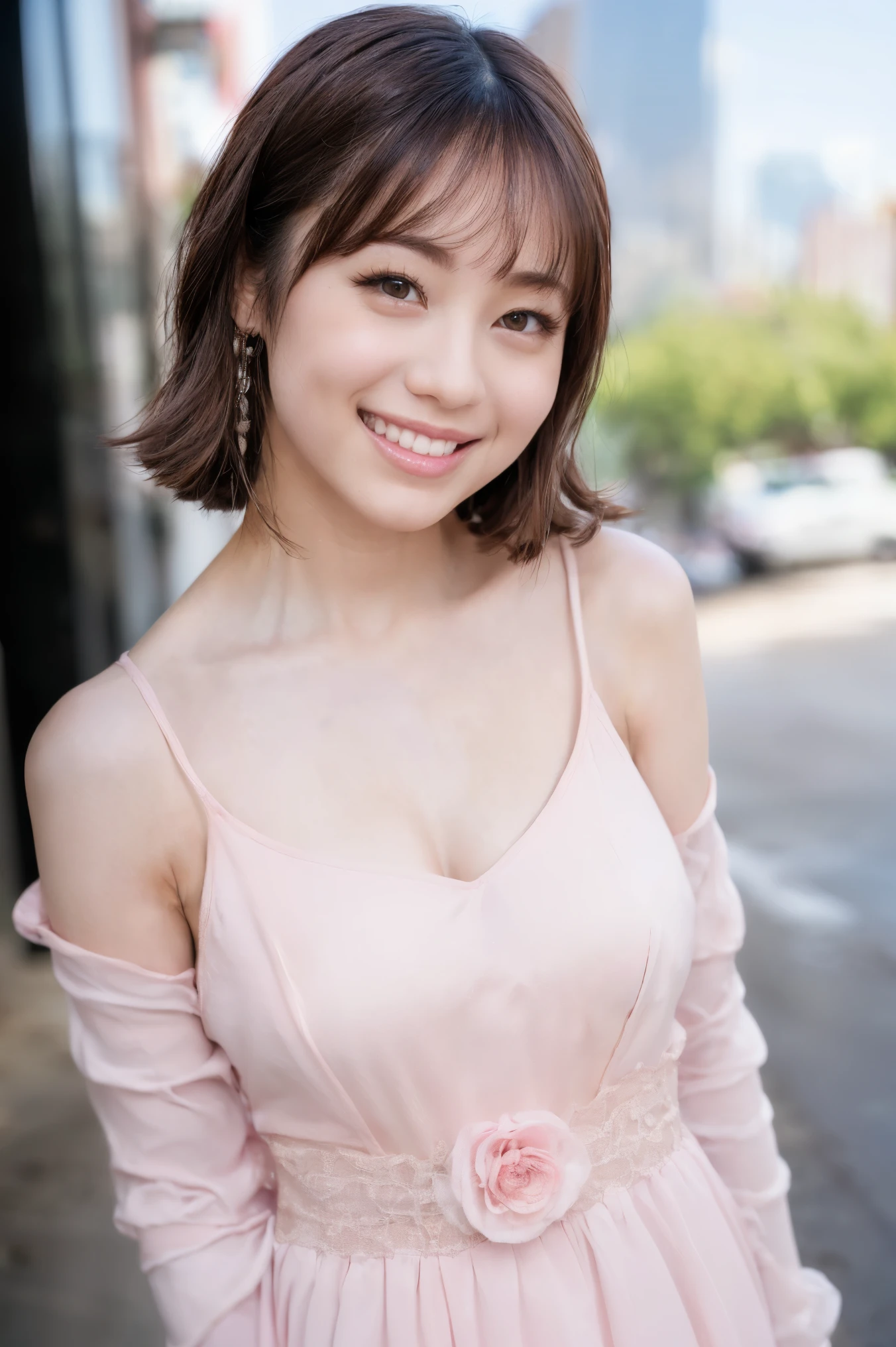 1girl, (pink dress, collarbone, long sleeves:1.6),(RAW photo, best quality), (realistic, photo-realistic:1.4), masterpiece, an extremely delicate and beautiful, extremely detailed, 2k wallpaper, Amazing, finely detail, extremely detailed CG unity 8k wallpaper, ultra-detailed, highres, soft light, beautiful detailed girl, extremely detailed eyes and face, beautiful detailed nose, beautiful detailed eyes,(cinematic lighting:1.4),(in the city:2.0),perfect anatomy,(slender body:1.6),(close up face:2.0),(gently smile,Friendly, warm:2.0),(looking at viewer:1.8),(japanese idol:1.8),(wavy short hair:1.6), (brown eyes:1.8),(dynamic posing:1.8),> 