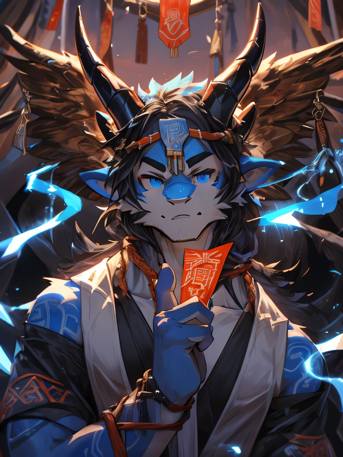 (best quality, 8k, highres, masterpiece:1.2), ultra-detailed, realistic:1.37, dragon, male, ((blue skin)), ((red tribal tattoos scattered across body)), horns on the head, dragon wings on the back, young, muscular, sorcerer, ((fingers holding a talisman:1.5)), martial arts style, determined gaze, temple in the background