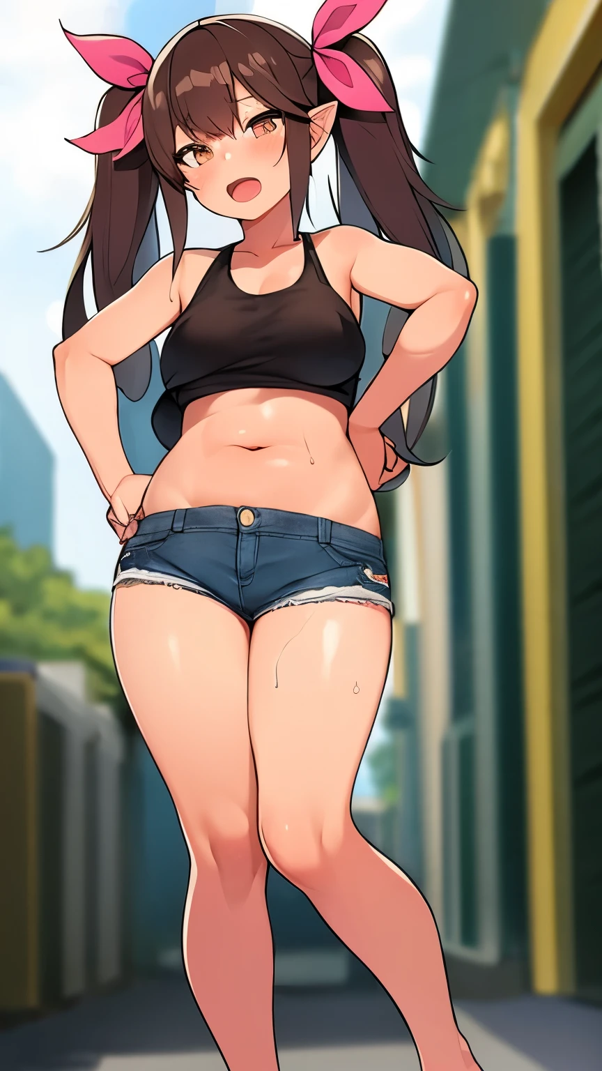 2D,highest quality,(masterpiece),(full body),semi-long,twin tails,brown hair,wavy hair,(Pink tied ribbon),beautiful brown eyes,1 girl,young,small ears,healthy dark skin,sunburn,(denim hot pants),pink tank top,barefoot,Shiny bare legs,big breasts,(attractive thighs),Plump ass,Sloppy body shape,belly button,summer,School zone,outside,Alley,large drops of sweat,Upper of elemenks are bright red,low length,(Standing upright pose), (put your hands on your hips),(Stand straight with your legs closed),(Align your heels),(Stick both knees together),Cute with bruises,erotic,i feel it,denim hot pants,breathing heavily,female brat,A devilish brat,back angle