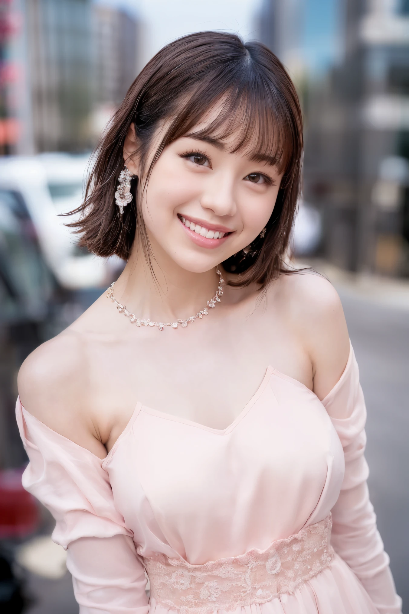 1girl, (pink dress, collarbone, long sleeves:1.6),(RAW photo, best quality), (realistic, photo-realistic:1.4), masterpiece, an extremely delicate and beautiful, extremely detailed, 2k wallpaper, Amazing, finely detail, extremely detailed CG unity 8k wallpaper, ultra-detailed, highres, soft light, beautiful detailed girl, extremely detailed eyes and face, beautiful detailed nose, beautiful detailed eyes,(cinematic lighting:1.4),(in the city:2.0),perfect anatomy,(slender body:1.6),(close up face:2.0),(gently smile,Friendly, warm:2.0),(looking at viewer:1.8),(japanese idol:1.8),(wavy short hair:1.6), (brown eyes:1.8),(dynamic posing:1.8),> 