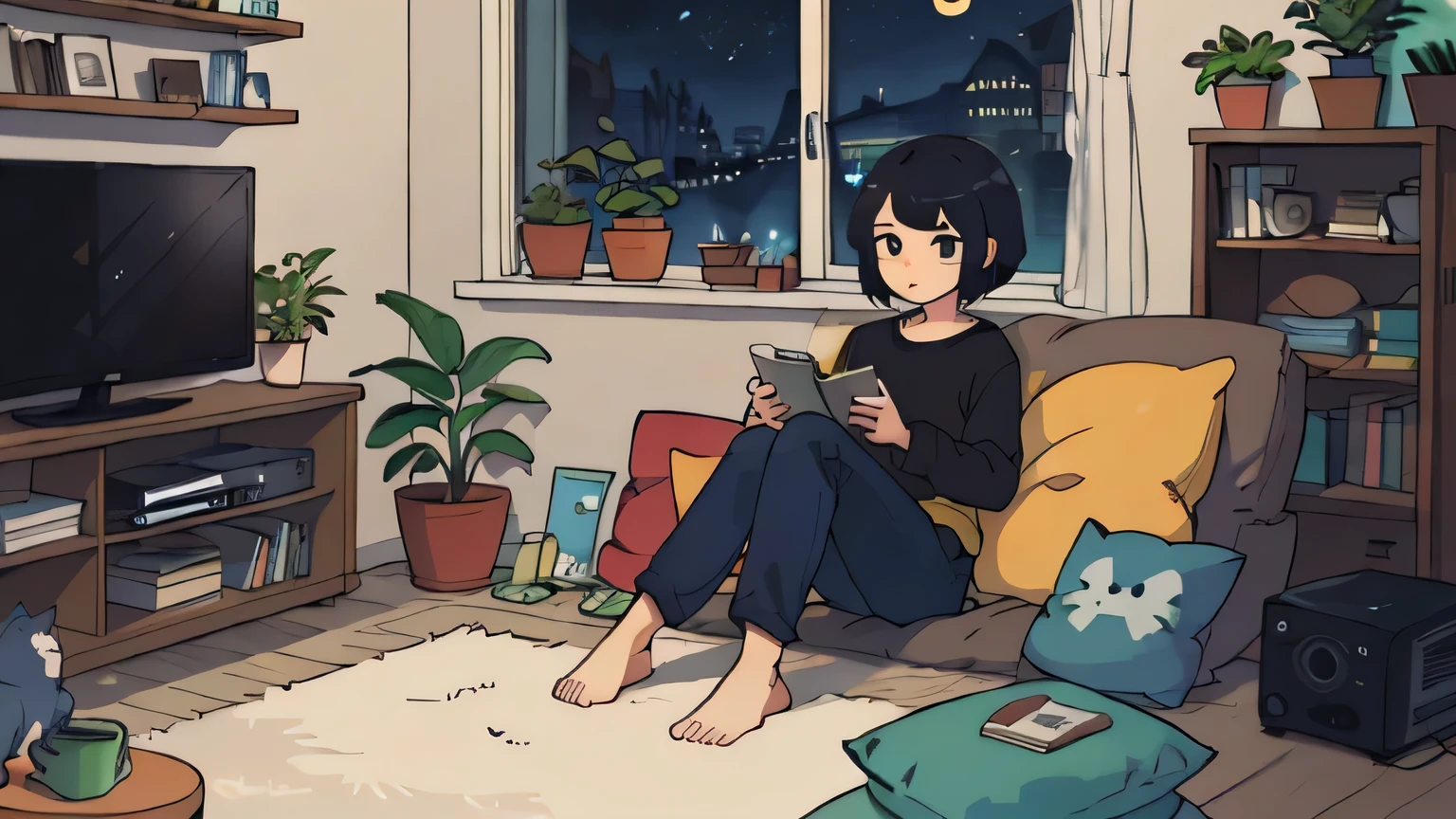listen to jazz,A girl working with coffee in hand,The night sky is in the background,plant, black hair, indoors, holding, long sleeve, long hair, stuffed toy, potted plant, Book, food, window, Telephone, loaded interior, tv set, short hair, behind, animal stuffed toy, with cat, slipper, barefoot, sitting, Bookshelf, shelf, cable, computer
