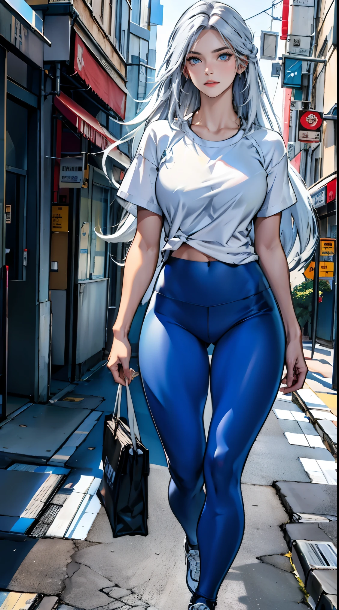 photorealistic, high resolution, 1women, shining skin, solo, perfect face, (long hair, blue eyes), closed mouth, street wear, t-shirt, leggings, sneakers, muscular legs