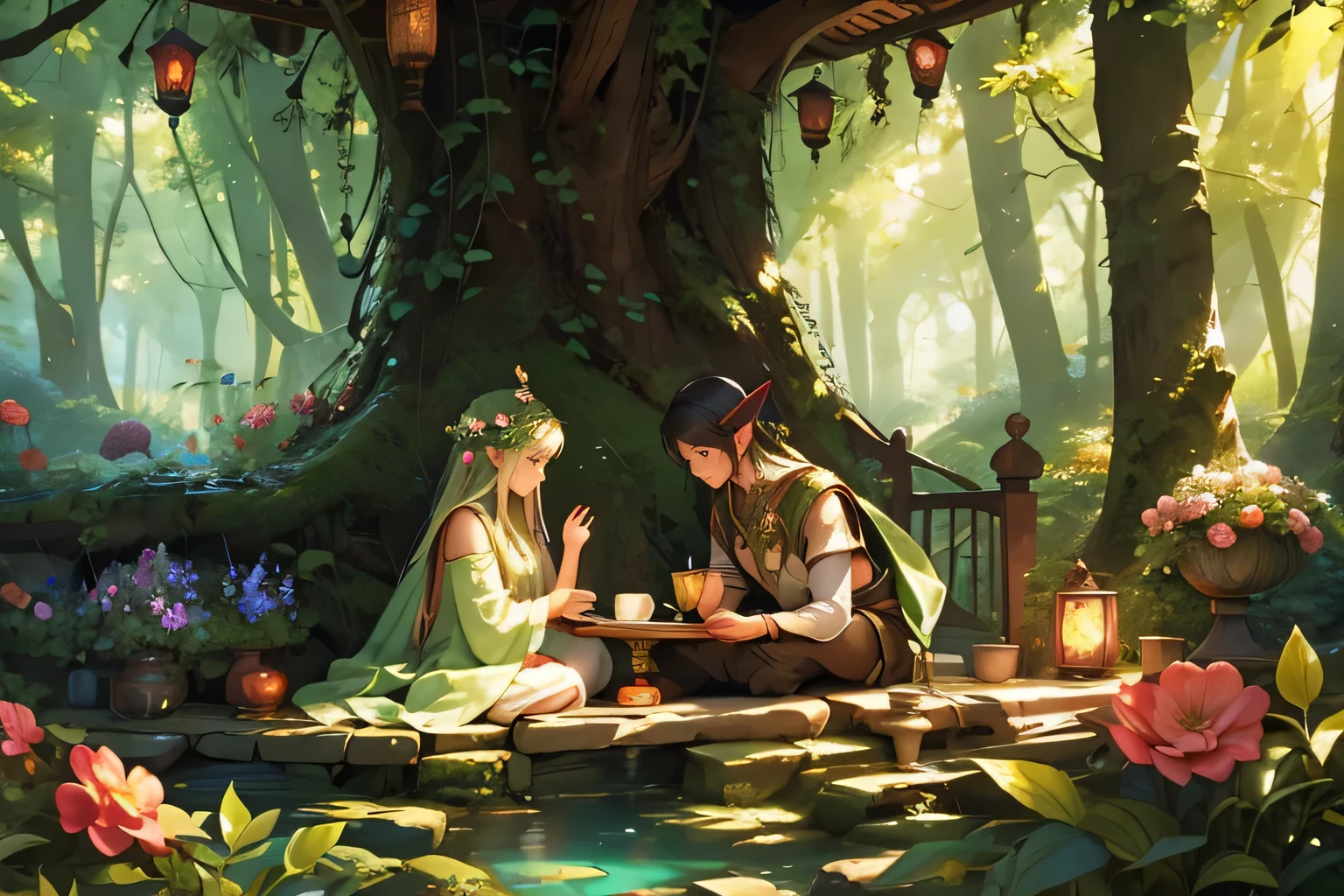 Imagine a scene deep within the heart of the forest, where the Elves dwell in their tranquil village. The village, known as Sylvan Glade, is nestled amidst towering trees and shimmering streams. The Elves, with their graceful movements and ethereal beauty, can be seen going about their daily lives. Some are tending to the lush gardens filled with exotic flowers and herbs, while others are engaged in lively conversations or practicing ancient arts of magic. Sunlight filters through the canopy, casting dappled patterns of light and shadow on the forest floor, creating an atmosphere of serenity and magic. As night falls, the village comes alive with the soft glow of lanterns and the gentle melodies of Elven songs filling the air, weaving a sense of enchantment and wonder throughout the forest