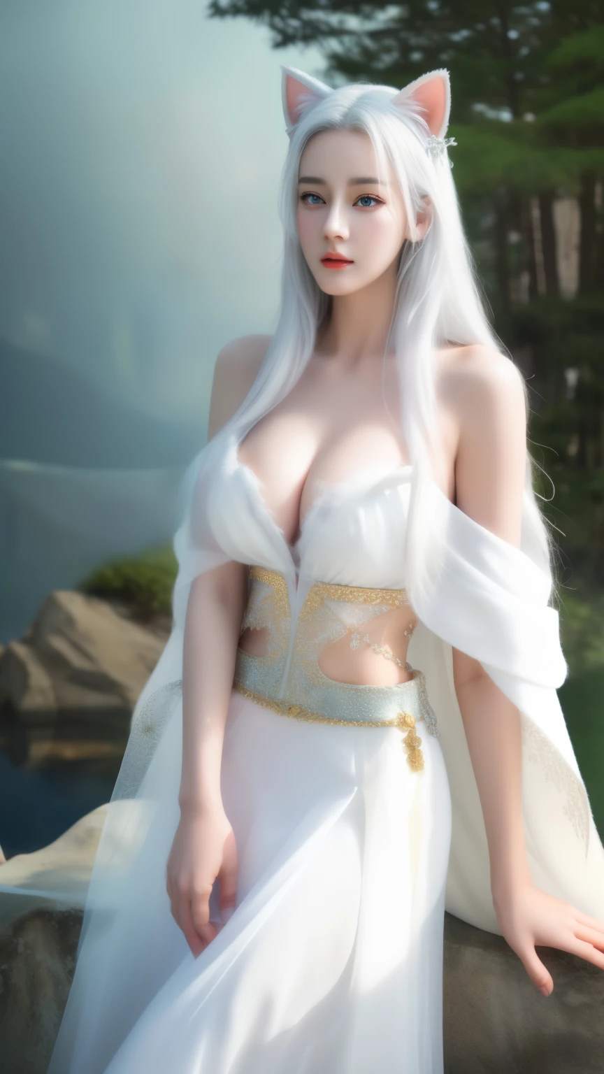 One wearing a white dress、Close-up of woman with cat ears, ethereal beauty, Stunning young and ethereal figure, huge breasts,bigger breasts,H cup,Expose more breasts,flowing white robe, flowing skirt, 1 more transparent skirt,Openwork skirt,There are no shoulder straps,flowing magic robe, beautiful girl, very beautiful top model, Beautiful digital artwork, tall thin beautiful goddess, beautiful goddess, Beautiful fantasy girl, beautiful fantasy art, Smooth digital concept art, Smooth anime CG art,blizzard,snow mountain,lake,white hair,His face was slightly red,There is a red dot decoration between the eyebrows