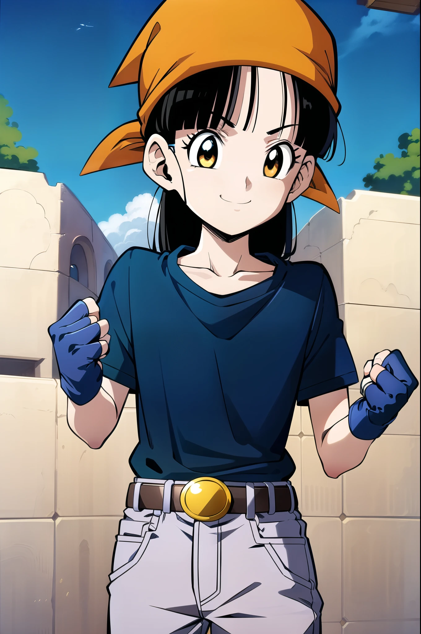 lugar, 1 chica, solo, sonrisa, cabello corto, boca abierta, fondo sencillo, Aire, pelaje negro, guantes, ombligo, mangas cortas, black guantes, Diafragma, belt, Pantalones capri, fingerless guantes, ojos negros, cadena, top corto rojo, black belt, bandana,  dientes, lengua, sombreros naranjas, cejas arqueadas, eyelashes, clavos, clavicle, golpes, manos apretadas, nube, cielo azul