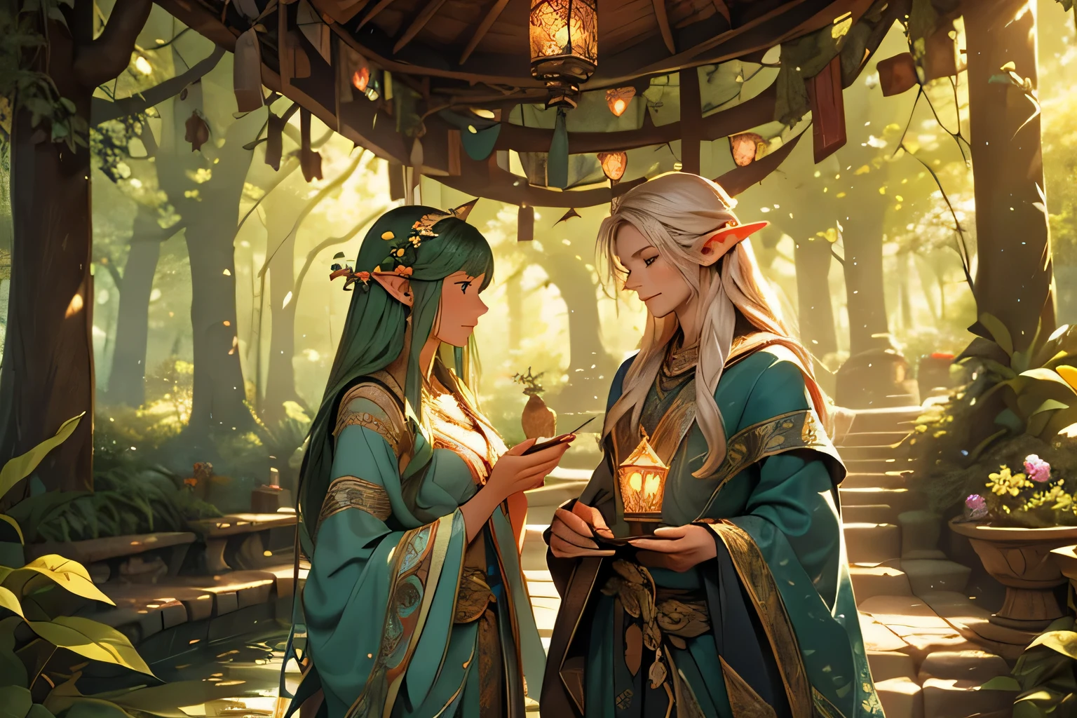 Imagine a scene deep within the heart of the forest, where the Elves dwell in their tranquil village. The village, known as Sylvan Glade, is nestled amidst towering trees and shimmering streams. The Elves, with their graceful movements and ethereal beauty, can be seen going about their daily lives. Some are tending to the lush gardens filled with exotic flowers and herbs, while others are engaged in lively conversations or practicing ancient arts of magic. Sunlight filters through the canopy, casting dappled patterns of light and shadow on the forest floor, creating an atmosphere of serenity and magic. As night falls, the village comes alive with the soft glow of lanterns and the gentle melodies of Elven songs filling the air, weaving a sense of enchantment and wonder throughout the forest