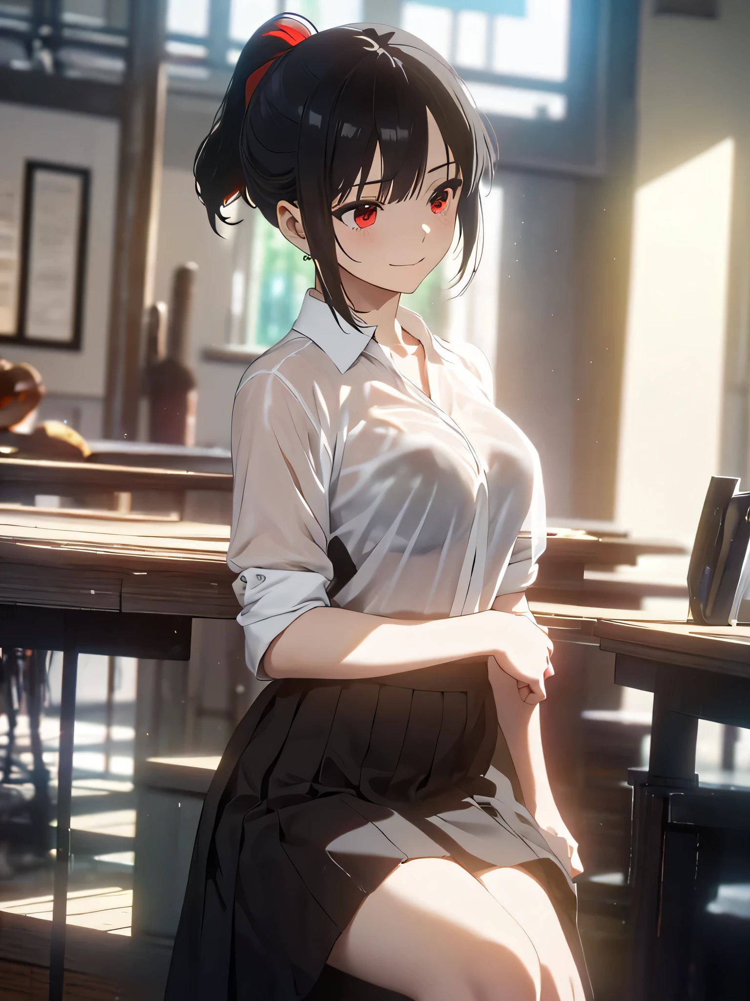 muste piece、golden ratio award、kaguya shinomiya, short hair, bangs, black hair, (red eyes:1.3), hair ribbon, sidelocks, folded ponytail, (parted bangs:1.5),I&#39;ll go with a smile、grin and laugh、The art style resembles an attractive anime style. About image quality, priority (highest quality, 4k, 8K, High resolution, body line 1.2), Super detailed, and (realistic, realistic, Photoreal:1.37) ,yoga poses.Ultra-fine painting, sharp focus, Physically based rendering, extreme details, Professional, bright colors,Sit in a chair and place your shoulders and elbows on the desk,There is an ocean behind、black long skirt、slightly see-through white shirt、big 、A sea of rainbow-colored fur