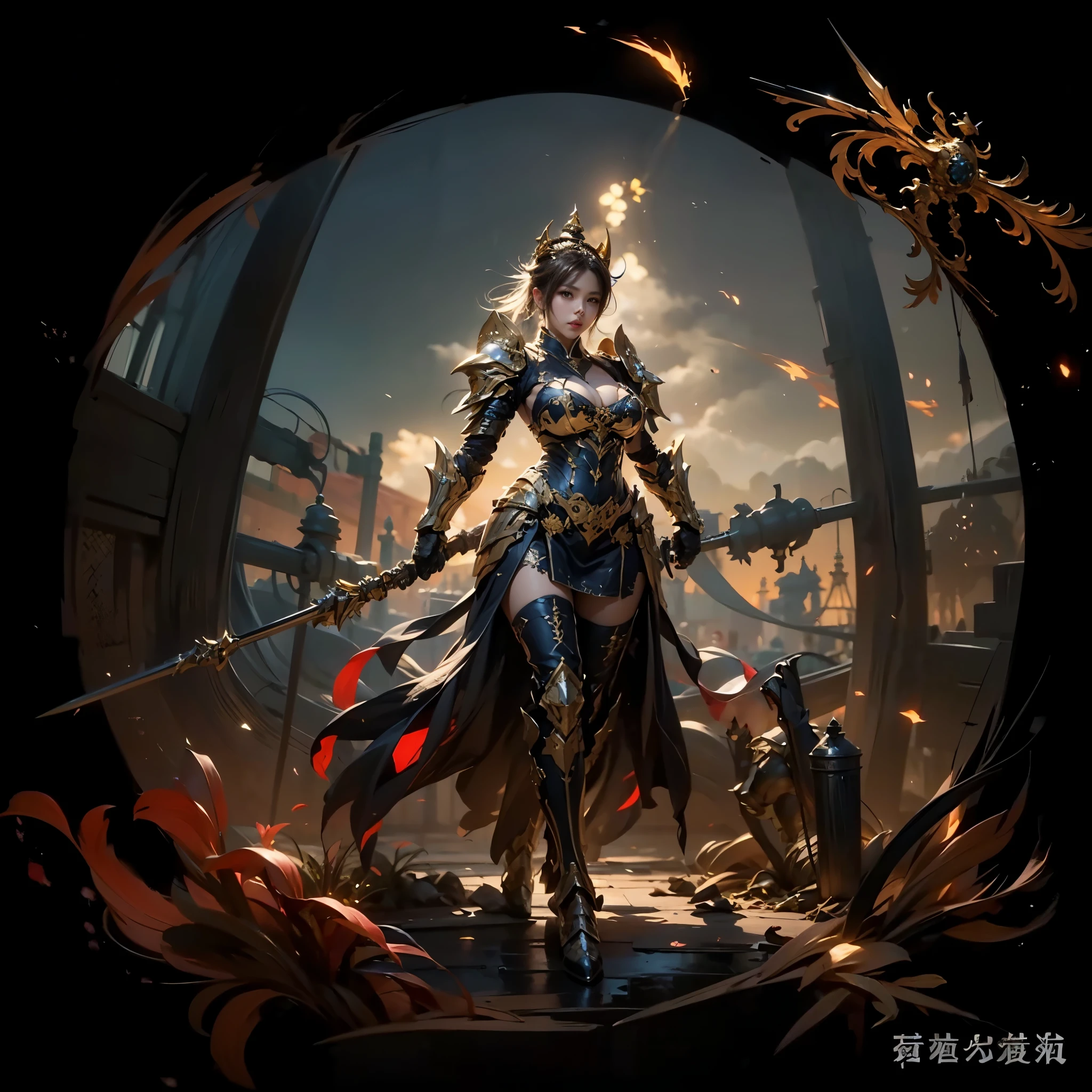 The woman in the crystal ball，battlefield，Super detailed, fair, main part, best quality, Delicate and cute round eyes, Beautiful and delicate face, medium long hair, woman wearing golden armor, Chengwei Pan em ArtStation, author：Yang Jie, detailed fantasy art, Great character art, Melho Art Station Fan Art, Epic and beautiful character art, beautiful armor, Extremely detailed Artgerm, detalhes completos of armor, Holding a spear，Detailed digital animation art, Artgerm in ArtStation Pixiv,  of armor, (huge breasts, (huge breasts:1.2), Thick chest, thick belt), (wide hips:1.4, Thighs, The body is graceful), young woman,