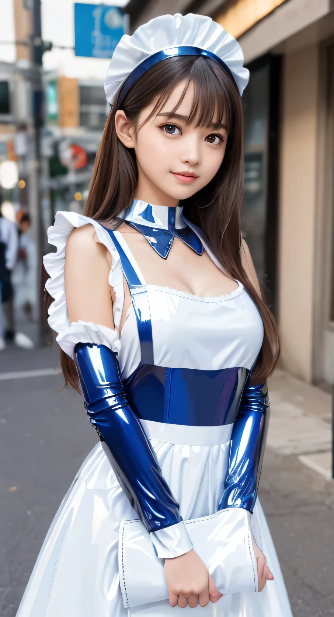 (Very beautiful cute girl), (very cute face:1.2),9 yo, (sparkling crystal clear attractive large eyes:1.1), Beautiful detailed eyes, Detailed double eyelids, (smiling), (realistic photograph:1.2), long straight hair,(Super shiny white and metallic blue maid costume :1),(Costumes with strong reflective surfaces:1),
(metallic blue Maid costume:1),cowboy shot,in the street