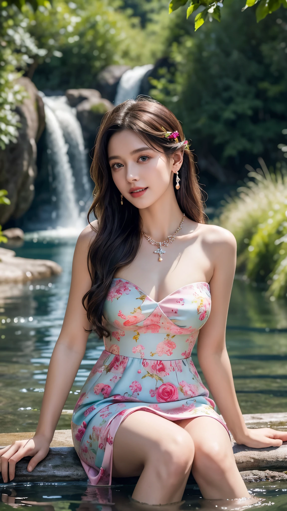 8K, ultra hd, masterpiece, very realistic, 1 girl, good face, very long hair, detailed eyes, detailed lips, super round medium breasts, Short Strapless Tulle Beads Prom Dress Green Mini Elegant 3D Flowers, ((pink,red,blue,black,green,meroon,purple,yellow colour random dress)), ((High resolution Dress Quality)), diamonds, jewellery, necklace, earring, lake, landscape, sitting, Bridge, Forest , standing in lake water , legs in water, Pine trees , Perfect body figure, Beautiful Smile, Cinematic photography, Sexy angles, Stylish poses, 4 Different poses, 64k , high resolution picture quality, very clear body figure, Flowers in hand, Flowers on Hair, walking in water, waterfalls