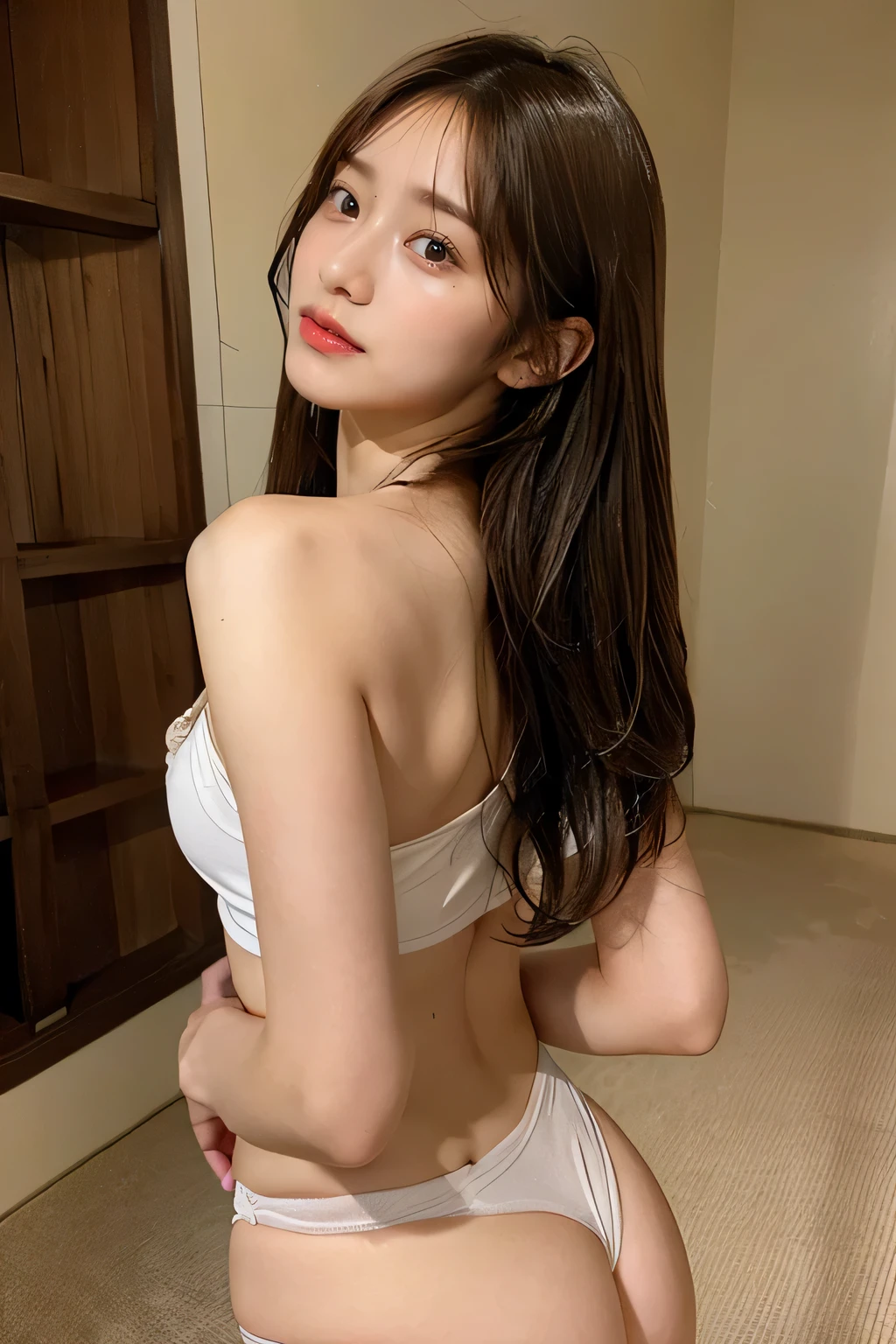 highest quality,live-action,whole bodyが映る、look away、To the tips of the feet、model standing、butt、back、half of the face is visible、fine skin,beautiful breasts, long brown hair, 8K highly detailed face,straight hair、 perfect face shape,absolutely perfect lips,whole body、 beautiful body line,Cumming face(1.5),perfect nose、beautiful eyes,erotic expression,masterpiece, beautiful girl,Japan female, 26 years old,look up,face of shame、cool beauty、beautiful armpits、T-back、T-shirt、visible from head to foot、long legs、Are standing、Take a picture of your feet、perfect fingers、