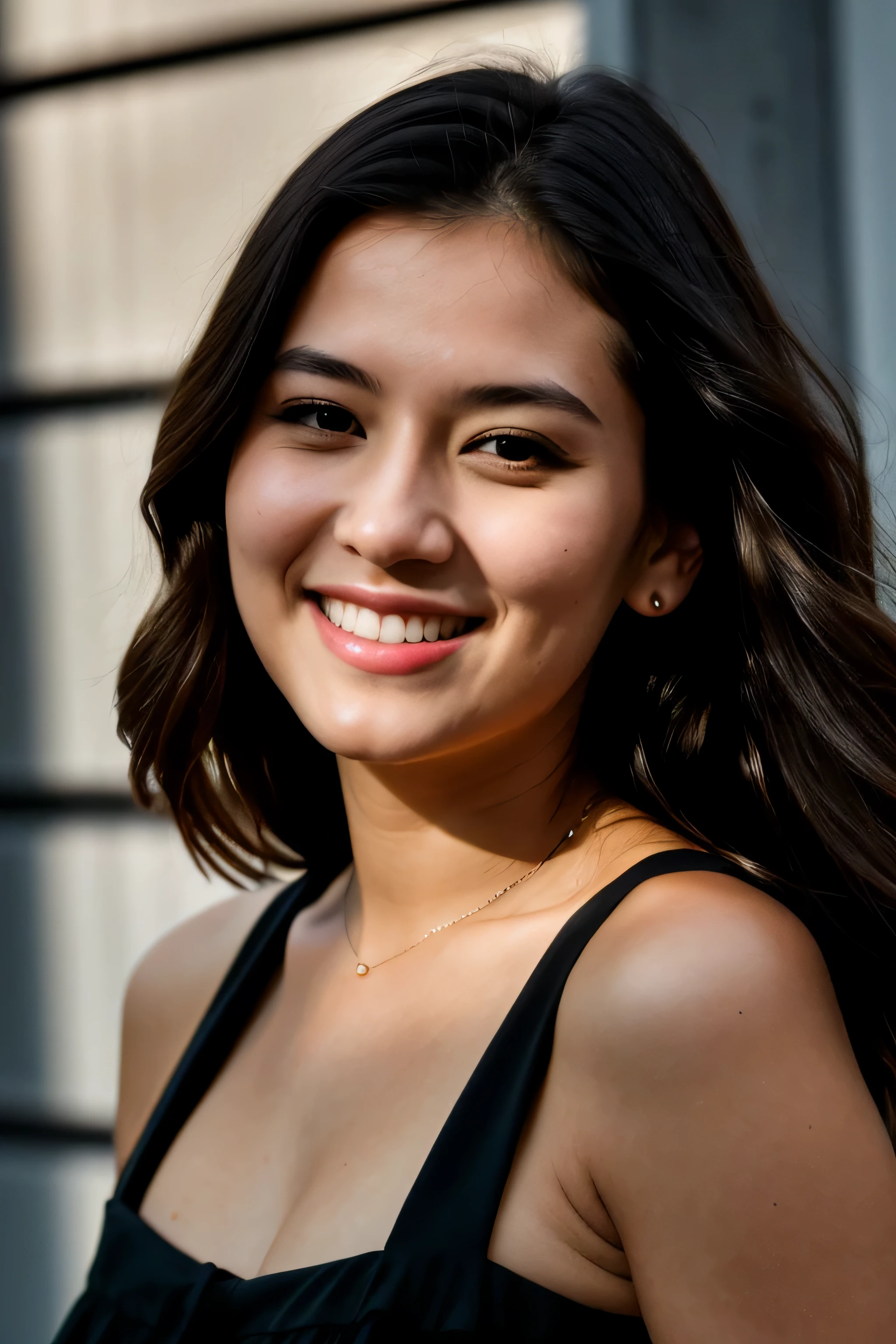 RAW photo, face portrait photo of beautiful 26 y.o woman, cute face, wearing black dress, happy face, hard shadows, cinematic shot, dramatic lighting