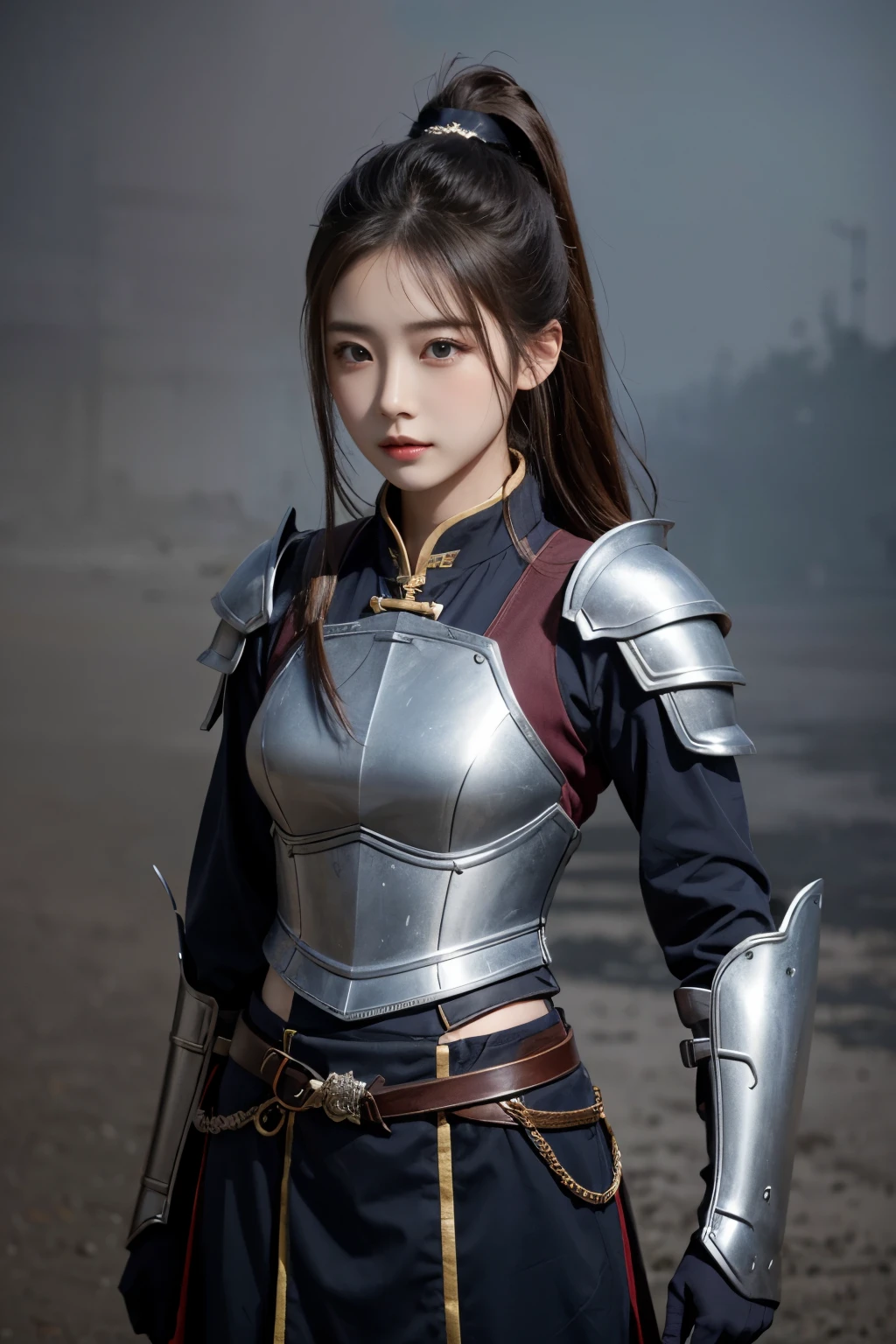 Chinese female general,Hua Mulan,Leather armor lined with reddish brown tabard,battlefield background,Bundle hair,