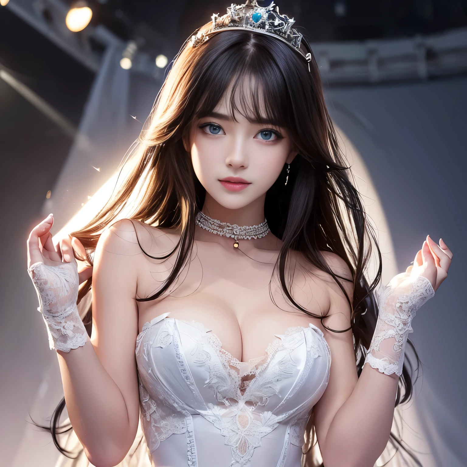 (masterpiece, super high quality, ultra high resolution, Super 8K raw photo:1.5, super realistic:1.5, perfect reality:1.2), 1 girl, alone, clock, pendant clock, blue eyes, chest, gloves, tiara, dress, long hair, cleavage, looking at the viewer, white gloves, bare shoulders, open your mouth, large chest, strapless, choker, blush, white dress, black hair, brown hair, hair between eyes, strapless dress, clavicle, smile, bangs, on stage, In the spotlight, best performance, 