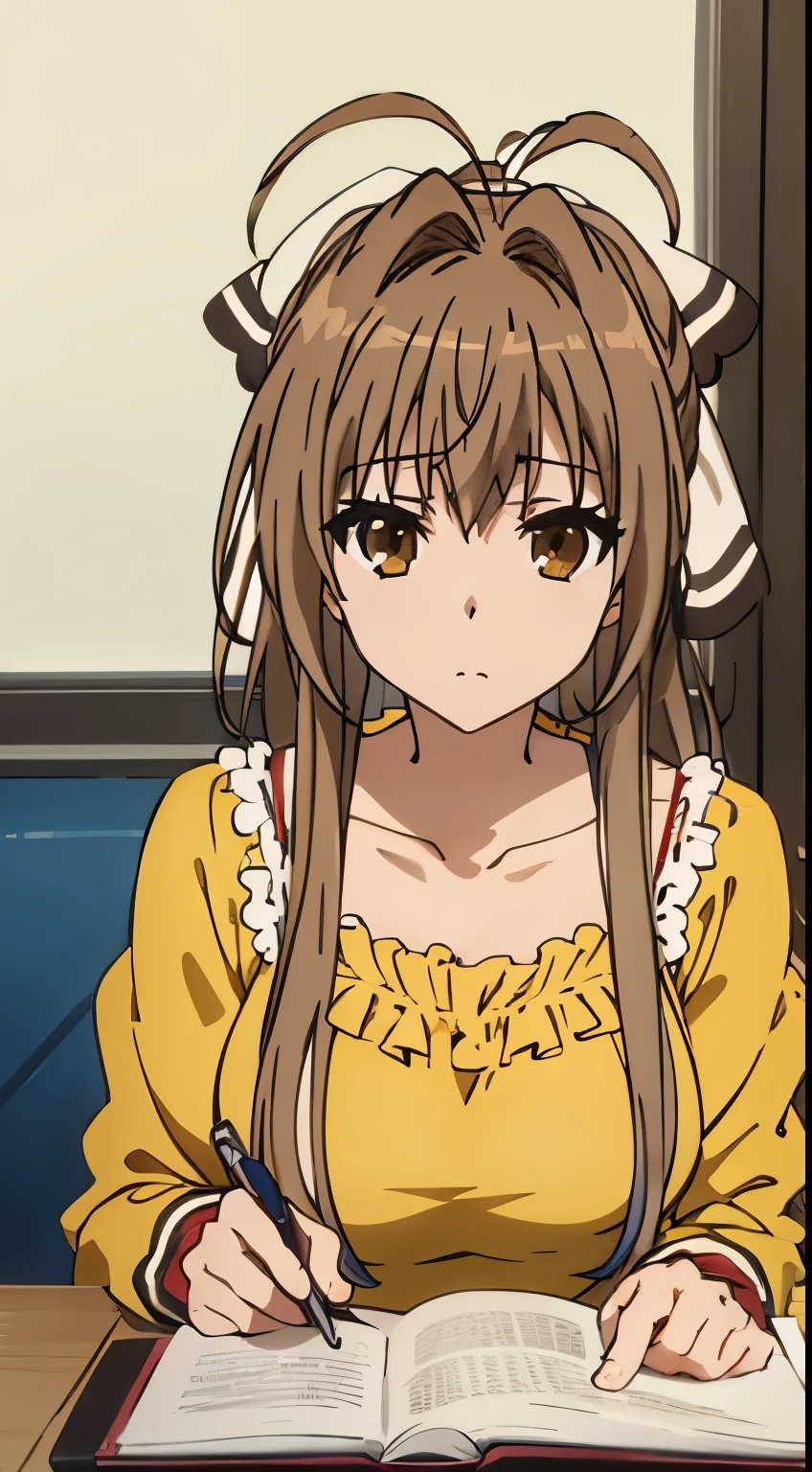 Kyoto Animation,highest quality, (masterpiece:1.2), very detailed, indoors,
1 girl, alone, Sento Isuzu, boredom, closed mouth, looking at the viewer,
brown hair, long hair, antenna hair, ponytail, brown eyes, clavicle, yellow dress, frills, long sleeve,