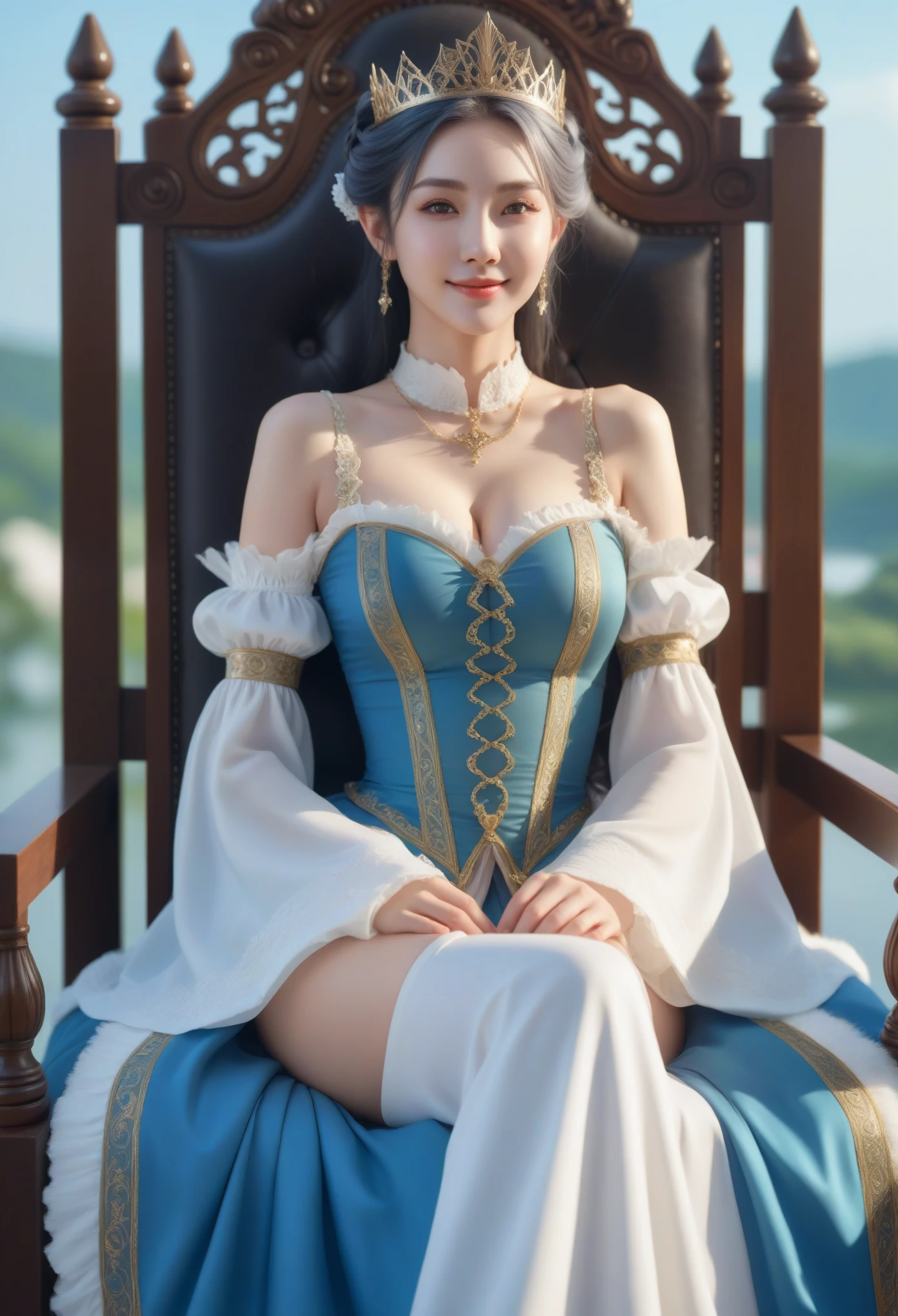 a beautiful woman, (elf queen:1.4) sit on the throne,(neko maid outfit:1.8) , perfect face, whole body, victorian era, noble dress, intricate decoration, spelling, explain, Smile, Put your arms behind your back, soft rim light, beautiful detailed sky, masterpiece, ultra high resolution, high quality, 4K, (photorealistic:1.2), photo,