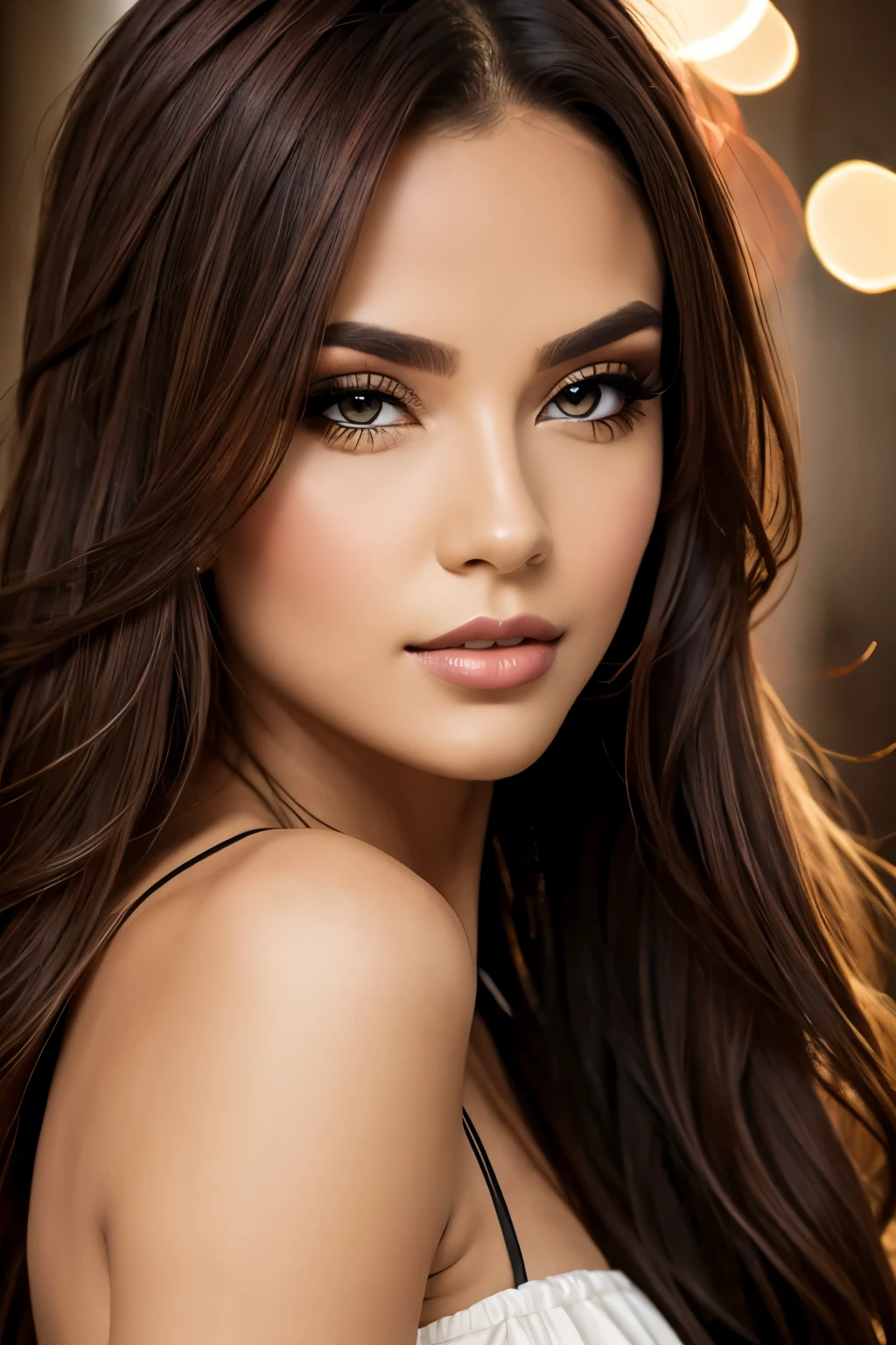 best quality,portrait,soft lighting,vibrant colors,bokeh,highres,ultra-detailed, long flowing hair, sensual pose, alluring expression, glossy lips, smoky eyes, flawless complexion, seductive gaze, captivating beauty