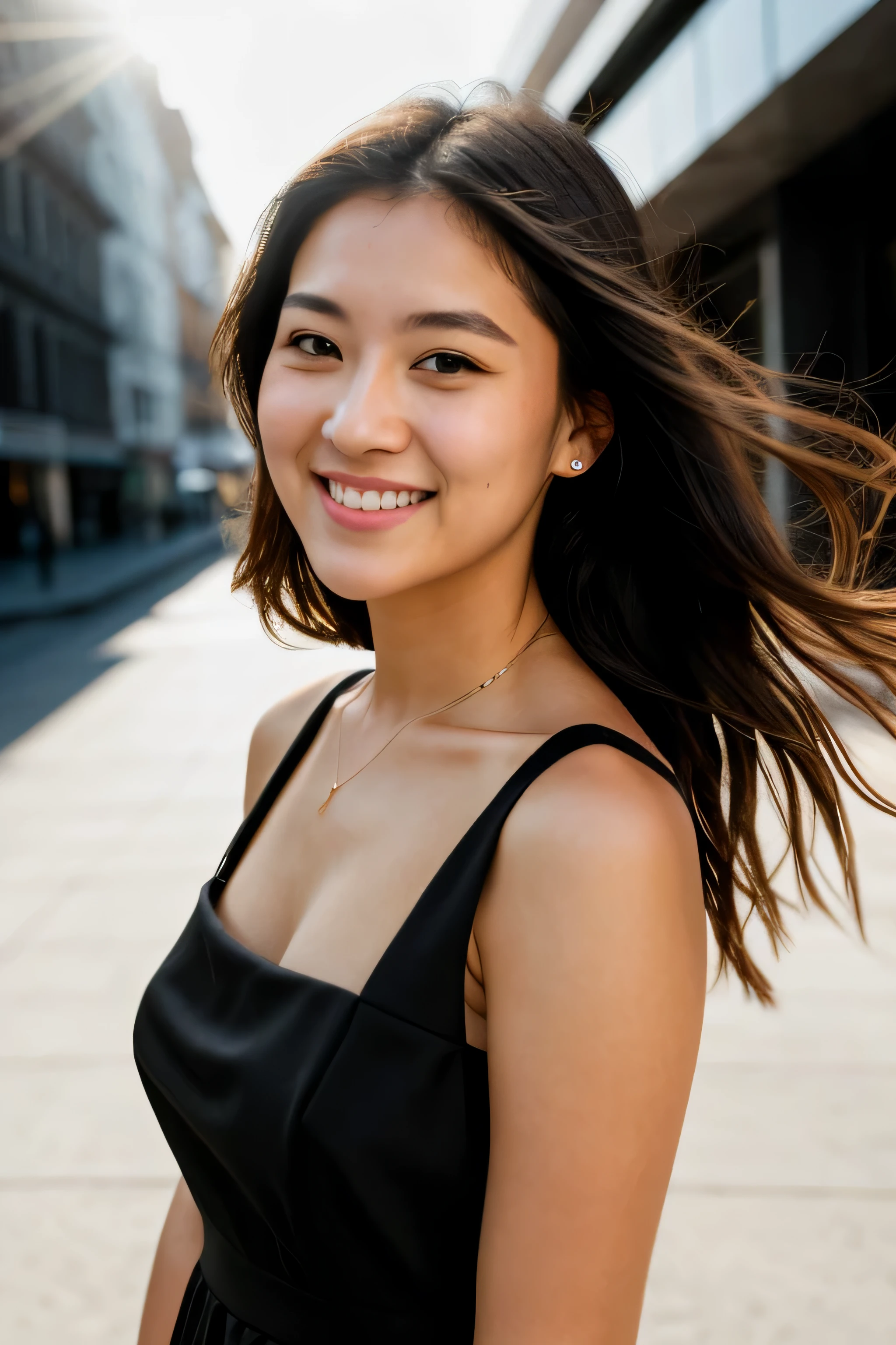 RAW photo, face portrait photo of beautiful 26 y.o woman, cute face, wearing black dress, happy face, hard shadows, cinematic shot, dramatic lighting