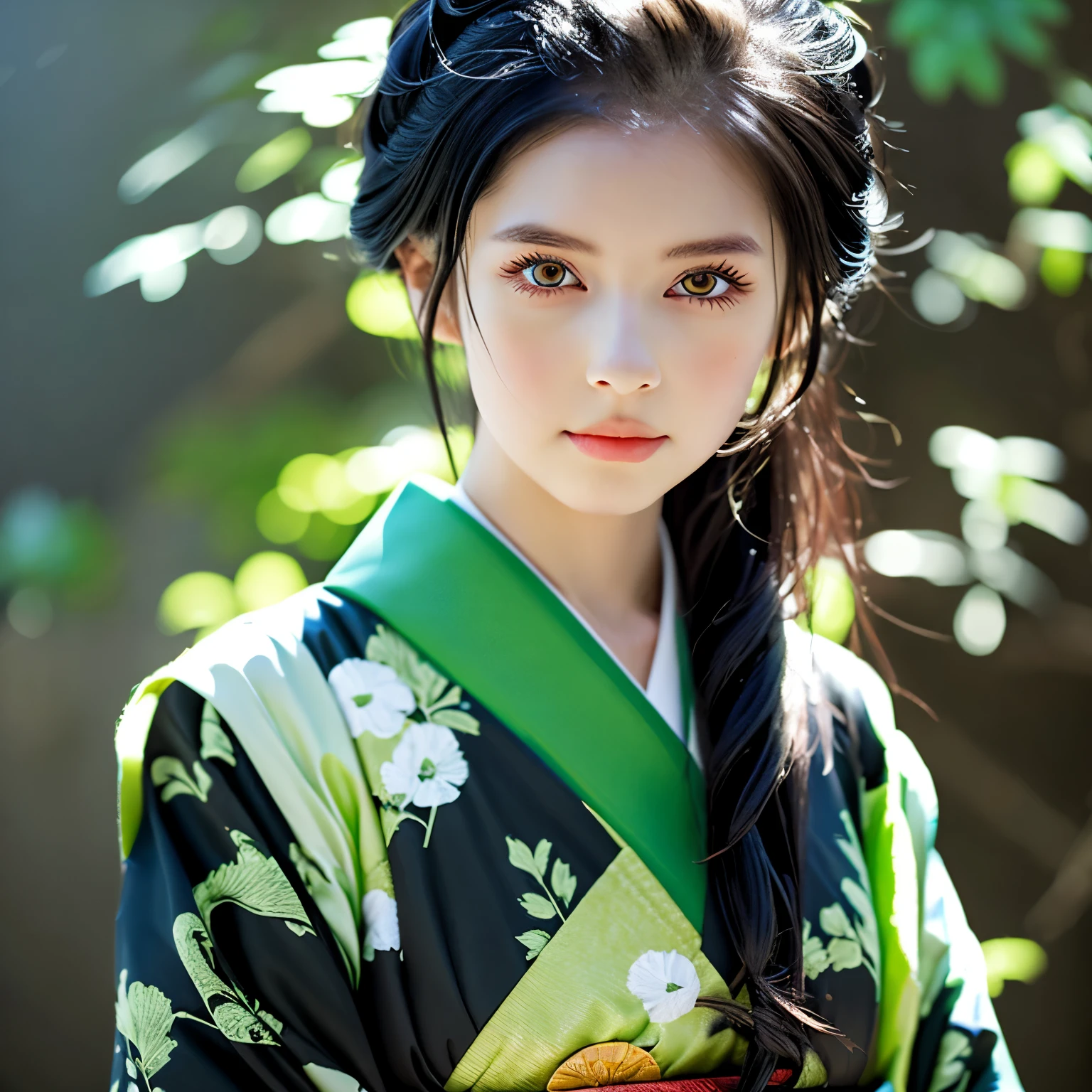 A black-haired anime character with a traditional green Japanese kimono and light brown eyes