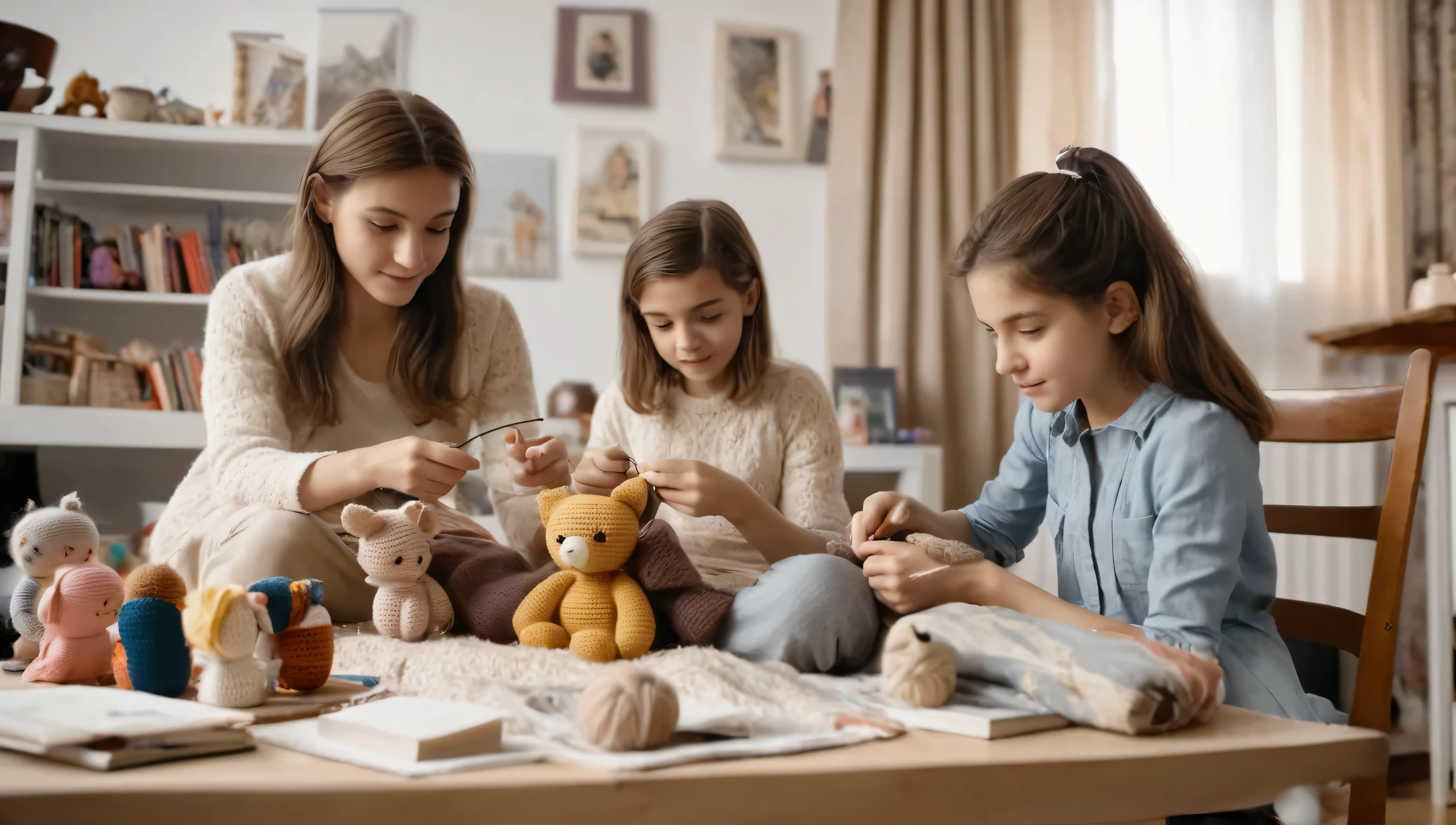 cinematic photo style by Araki, 1 girl 14 years old with long hair along with a woman 50 years old with short blond hair, girl crocheting knitted toys while sitting in a deep chair, Group portrait, against the background of a white wall of children's drawings and a window with curtains, on a wooden table there is one white mug full of tea, books, the sun falls through the window, evening, film, bokeh, professional, 4k, highly detailed,