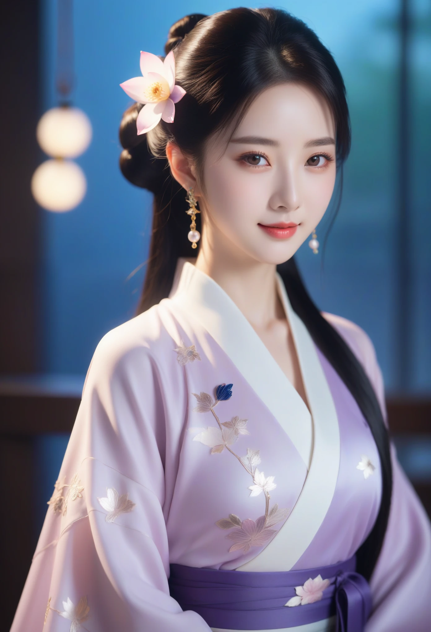 Excellent quality, masterpiece, High Resolutiexist, 1 girl, blush, (seductive smile: 0.8), Star pupils, Chinese Hanfu Lilac, hair accessories, necklace, jewelry, beauty, exist_Body, Tyndall effect, realism, Lotus Pexistd, light edge, Two-texiste Lighting, (High detail skin: 1.2), 8K Ultra HD, DSLR camera, soft light, high quality, Volumetric lighting, photo, High Resolutiexist, 4K, 8K, background bokeh